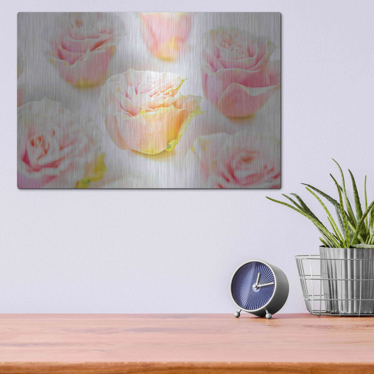 'Pale Pink Rose Blooms III' by Donnie Quillen – Metal Wall Art, 16x12 room view