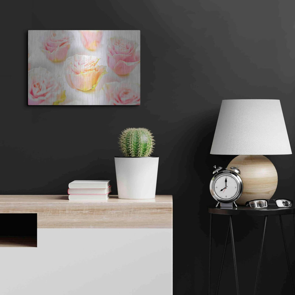'Pale Pink Rose Blooms III' by Donnie Quillen – Metal Wall Art, 24x16 room view