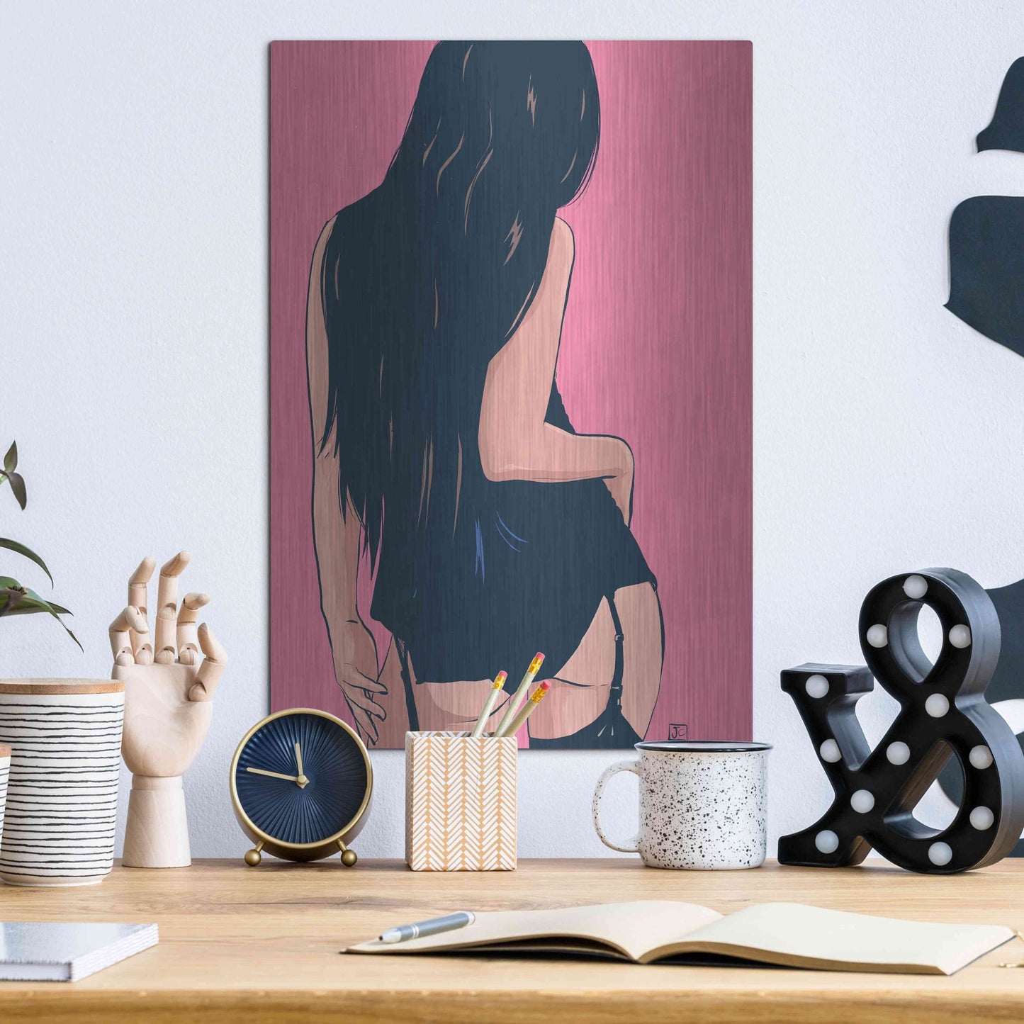 Luxe Metal Art 'Brunette in Black' by Giuseppe Cristiano, Metal Wall Art,12x16