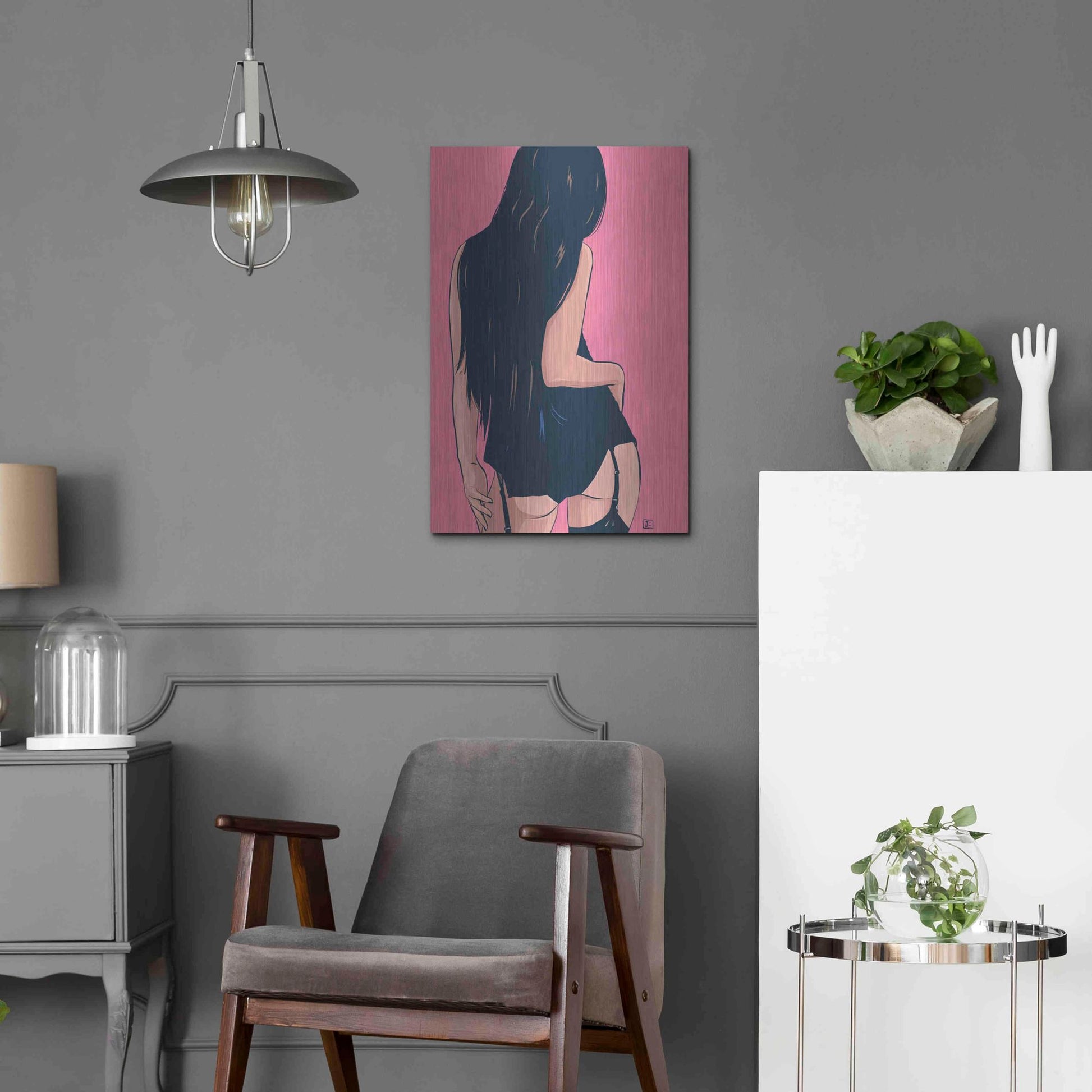 Luxe Metal Art 'Brunette in Black' by Giuseppe Cristiano, Metal Wall Art,16x24