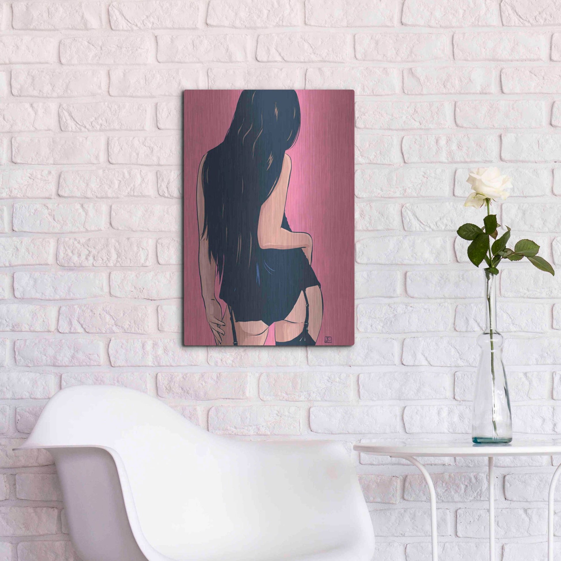 Luxe Metal Art 'Brunette in Black' by Giuseppe Cristiano, Metal Wall Art,16x24