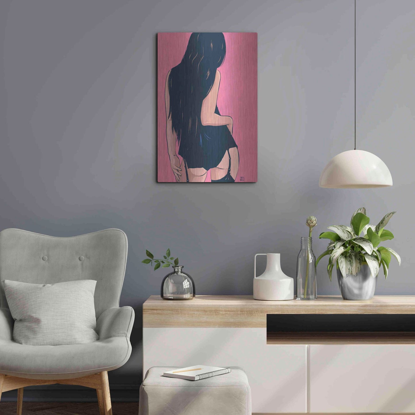 Luxe Metal Art 'Brunette in Black' by Giuseppe Cristiano, Metal Wall Art,16x24