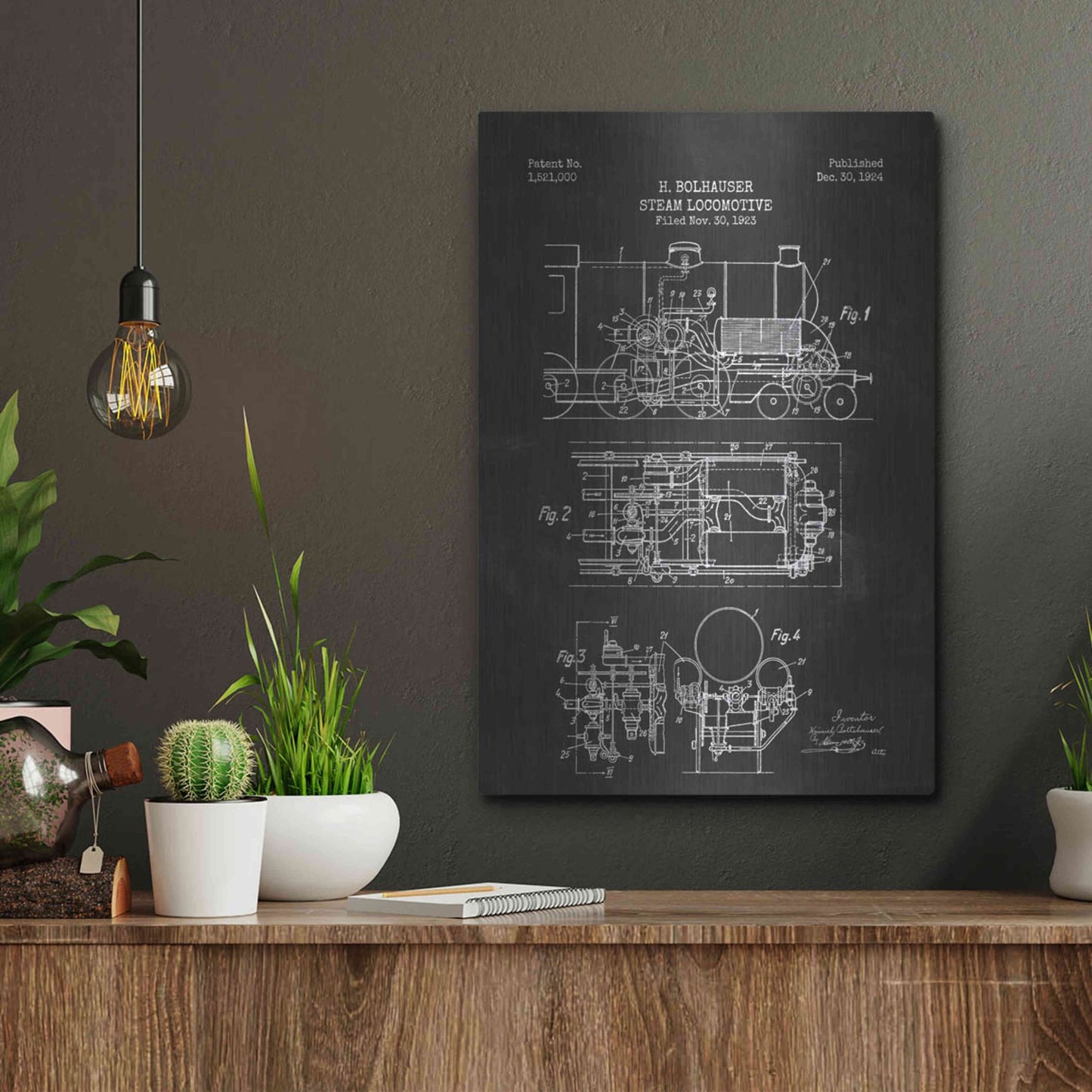 Luxe Metal Art 'Steam Locomotive Blueprint Chalkboard Patent' Metal Wall Art,12x16
