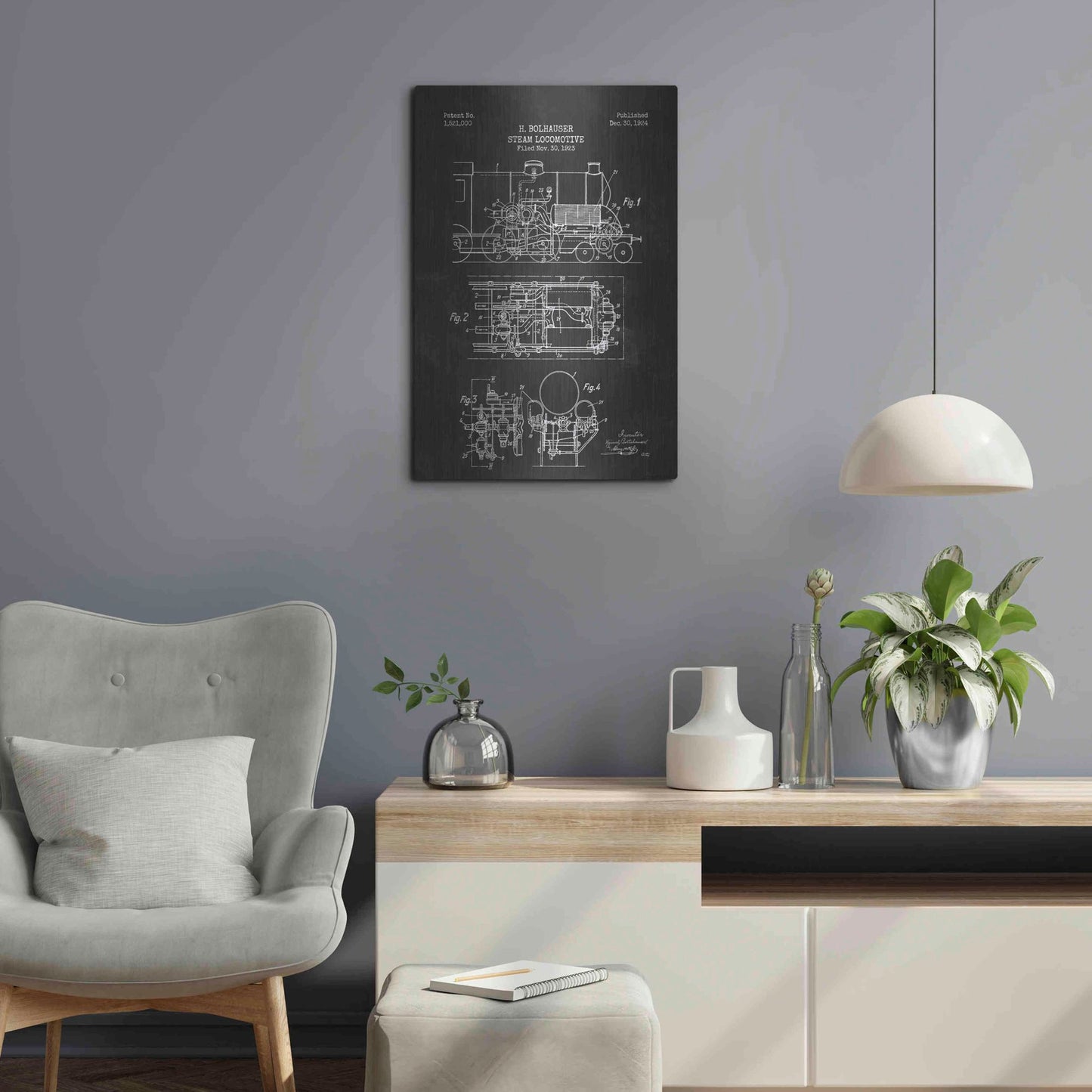 Luxe Metal Art 'Steam Locomotive Blueprint Chalkboard Patent' Metal Wall Art,16x24