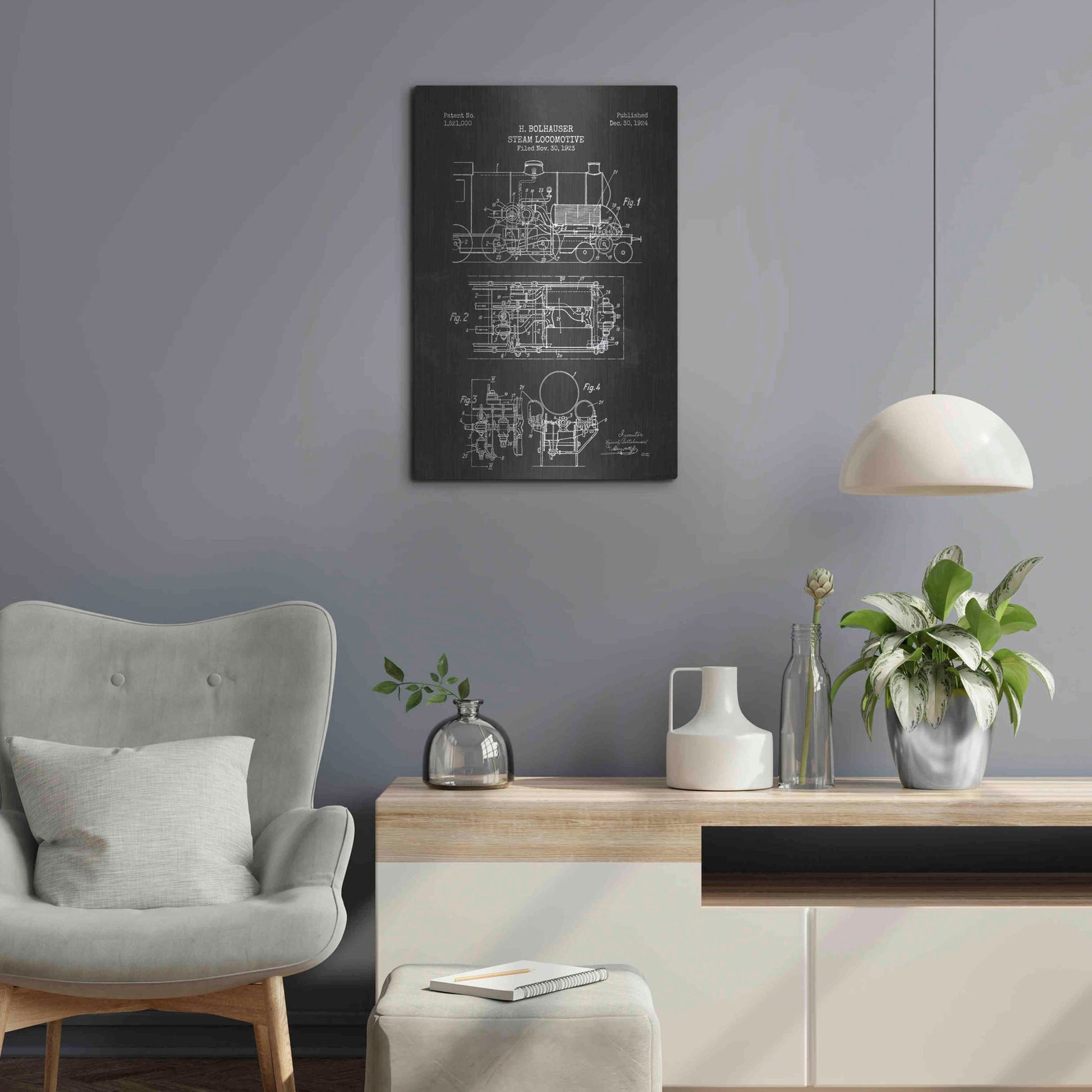 Luxe Metal Art 'Steam Locomotive Blueprint Chalkboard Patent' Metal Wall Art,16x24