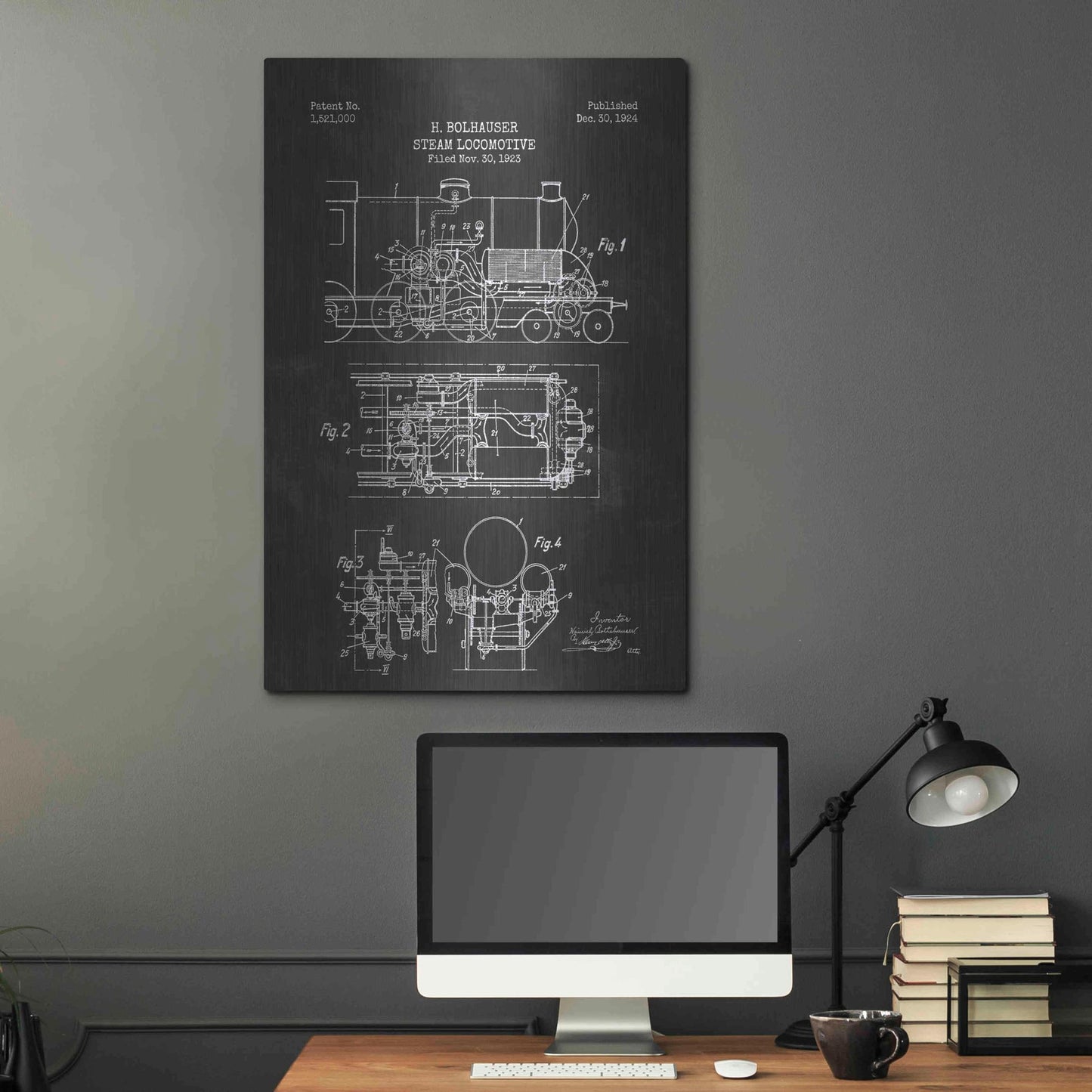 Luxe Metal Art 'Steam Locomotive Blueprint Chalkboard Patent' Metal Wall Art,24x36