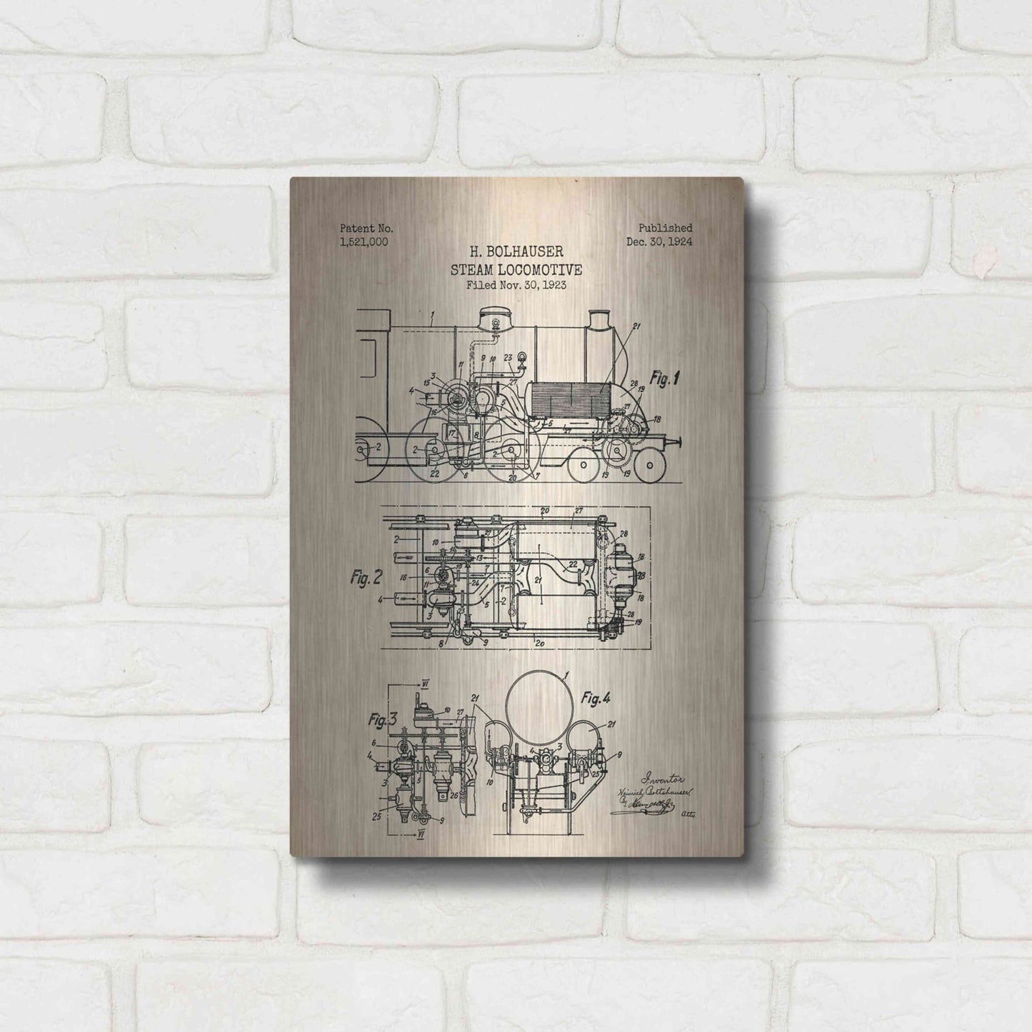 Luxe Metal Art 'Steam Locomotive Blueprint Parchment Patent' Metal Wall Art,12x16