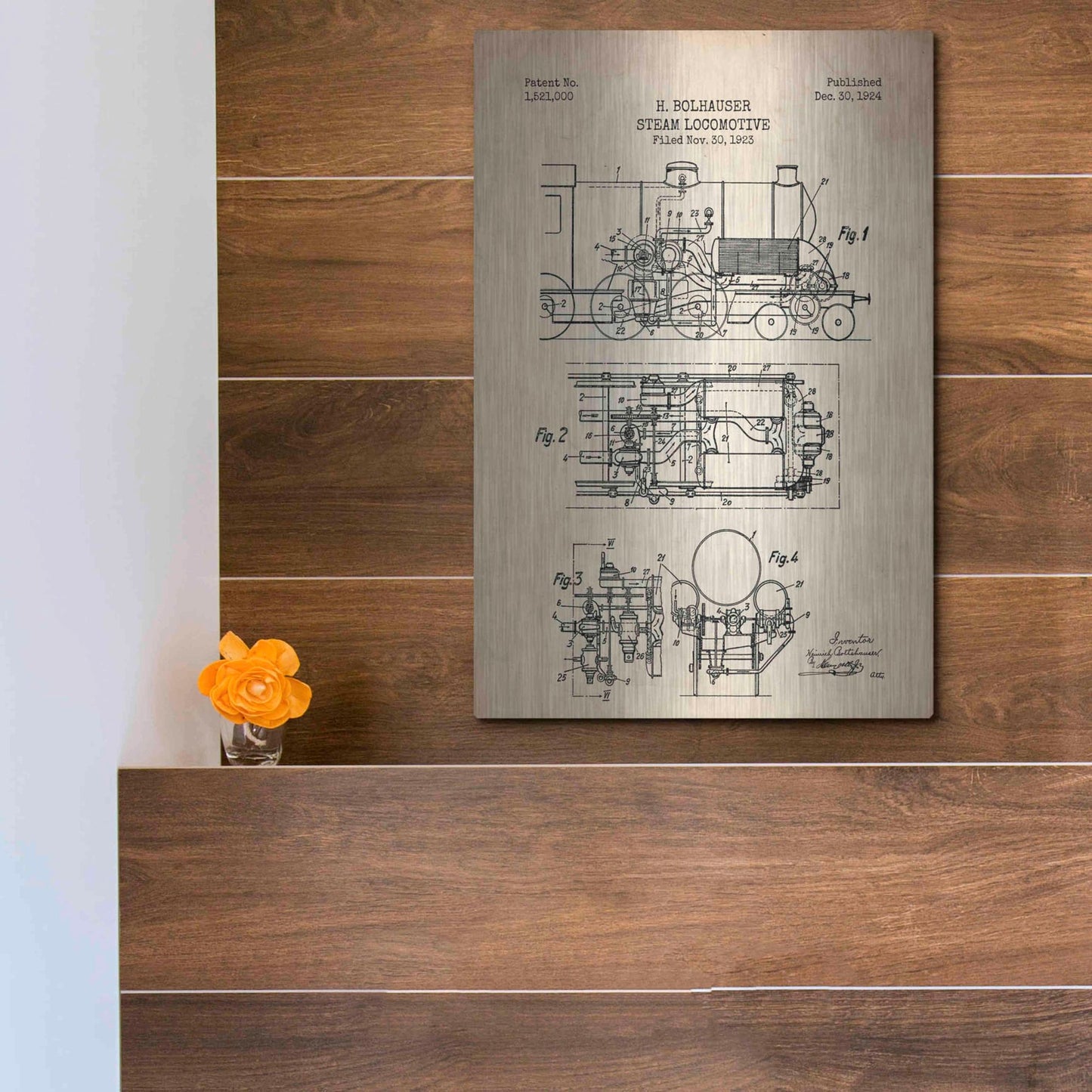 Luxe Metal Art 'Steam Locomotive Blueprint Parchment Patent' Metal Wall Art,12x16