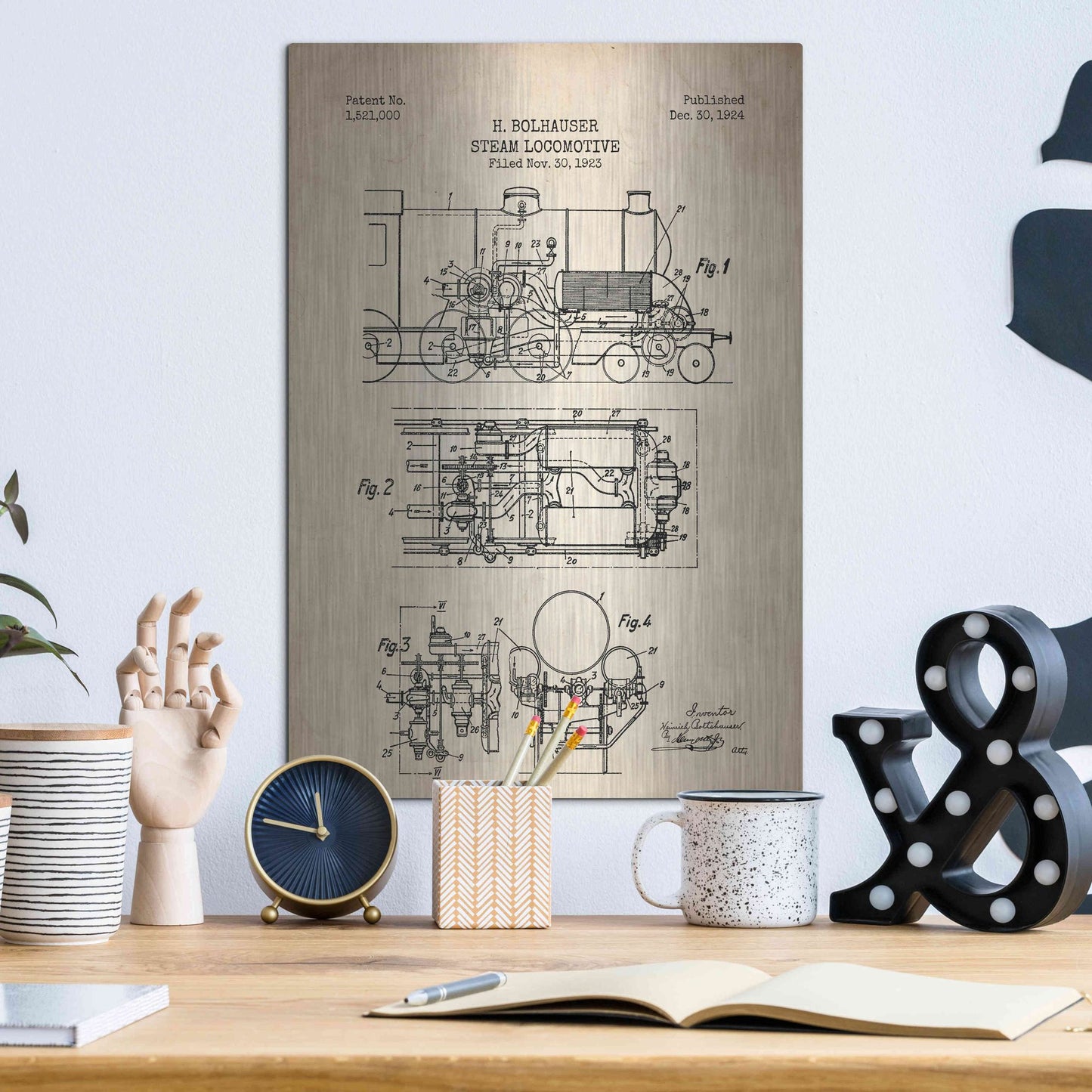 Luxe Metal Art 'Steam Locomotive Blueprint Parchment Patent' Metal Wall Art,12x16