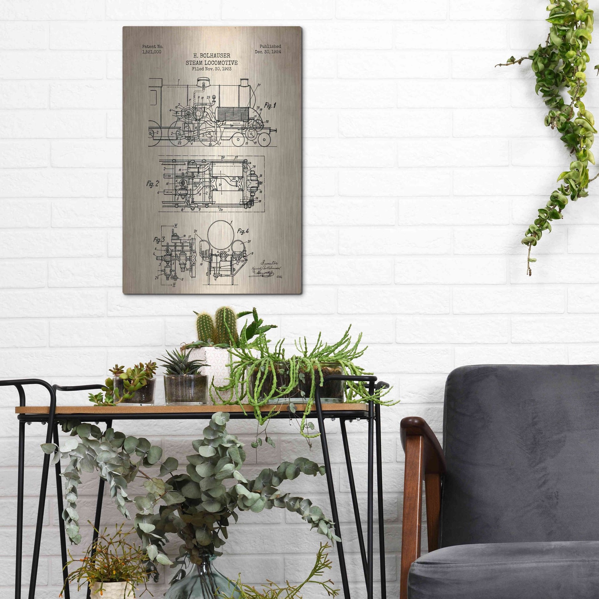 Luxe Metal Art 'Steam Locomotive Blueprint Parchment Patent' Metal Wall Art,12x16