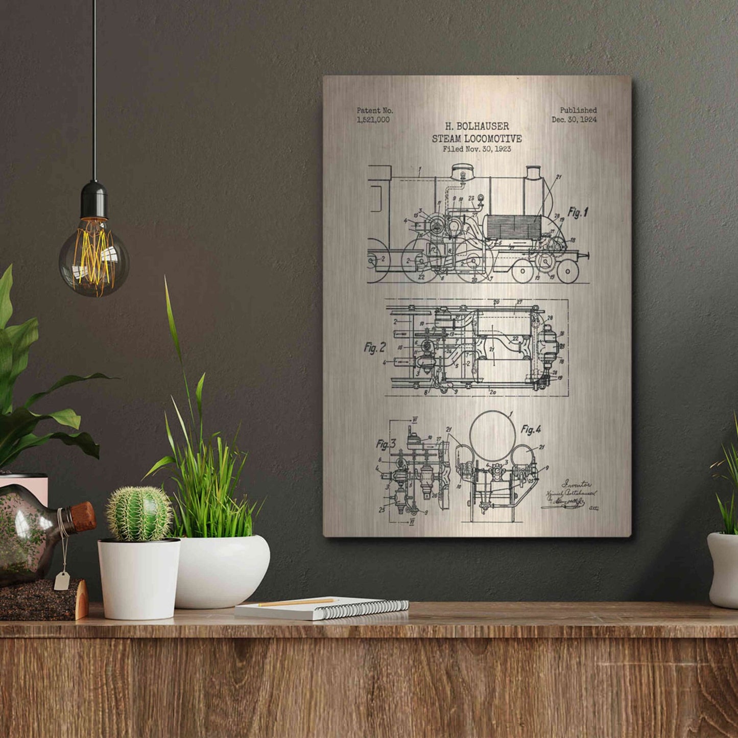 Luxe Metal Art 'Steam Locomotive Blueprint Parchment Patent' Metal Wall Art,12x16