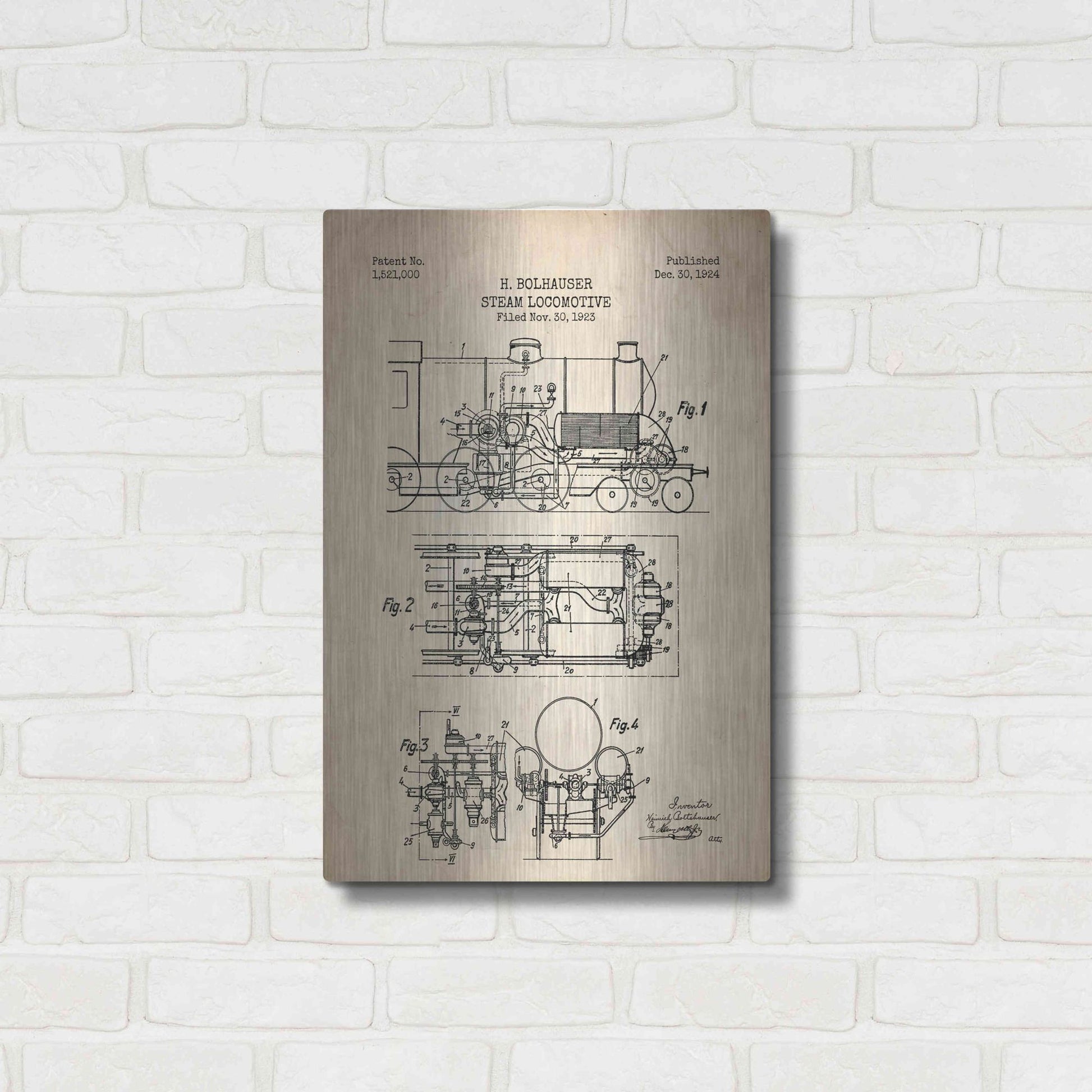 Luxe Metal Art 'Steam Locomotive Blueprint Parchment Patent' Metal Wall Art,16x24