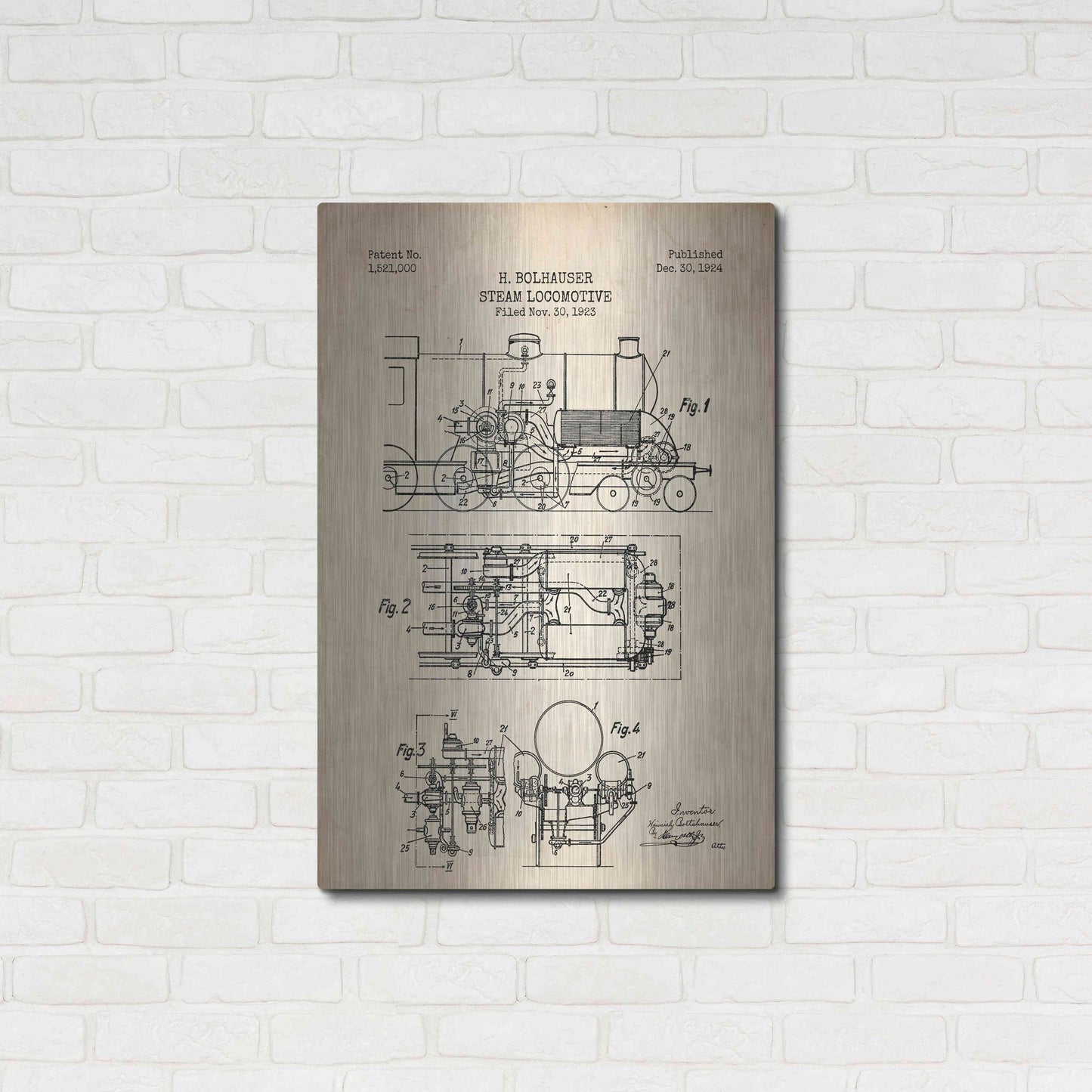 Luxe Metal Art 'Steam Locomotive Blueprint Parchment Patent' Metal Wall Art,24x36