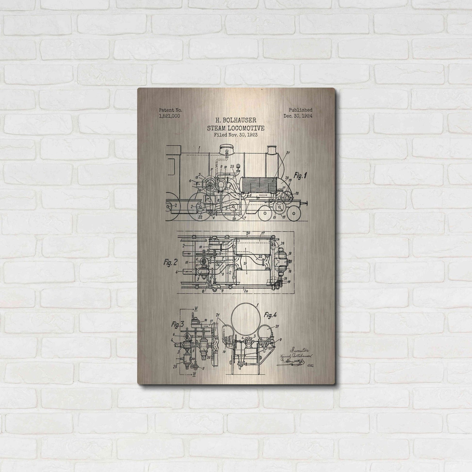 Luxe Metal Art 'Steam Locomotive Blueprint Parchment Patent' Metal Wall Art,24x36