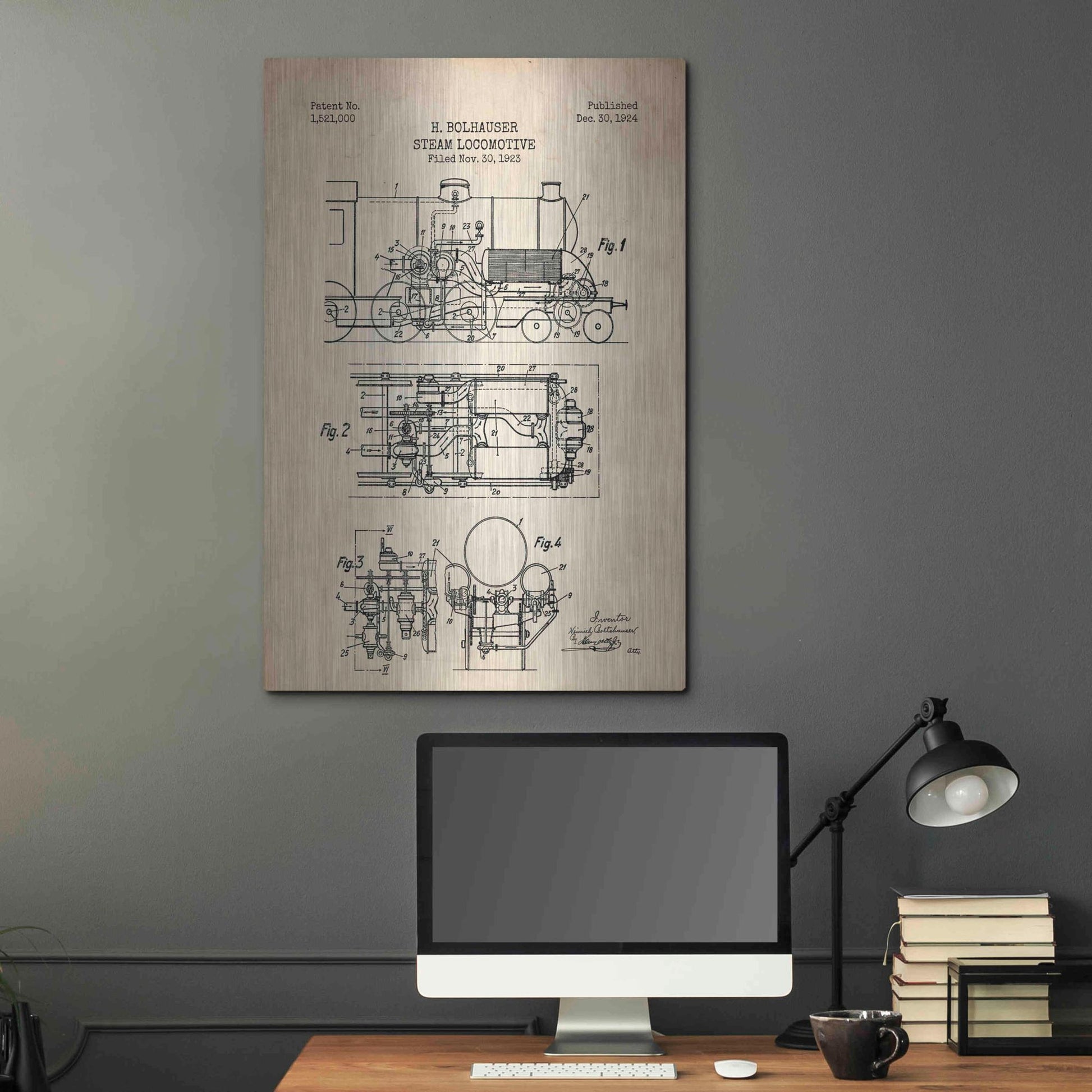 Luxe Metal Art 'Steam Locomotive Blueprint Parchment Patent' Metal Wall Art,24x36