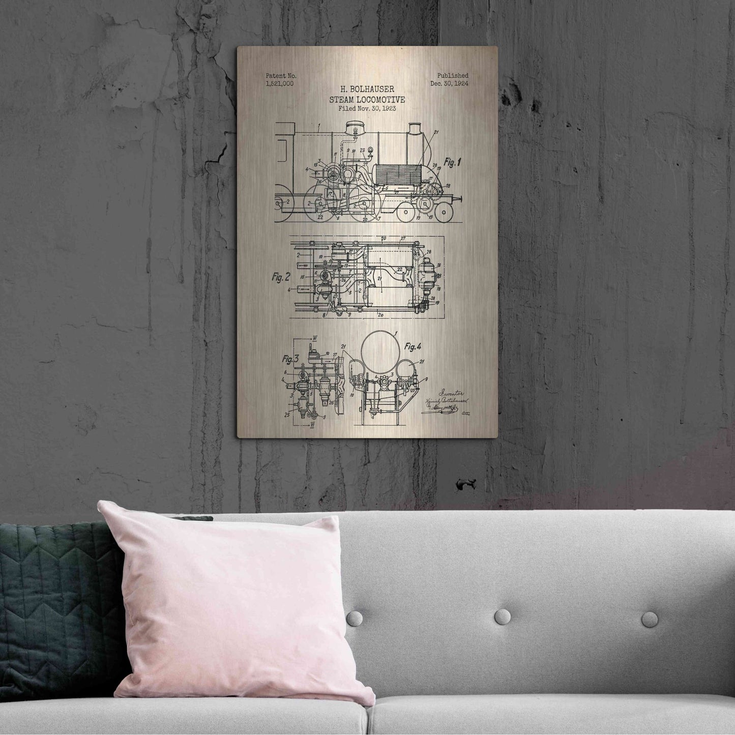 Luxe Metal Art 'Steam Locomotive Blueprint Parchment Patent' Metal Wall Art,24x36