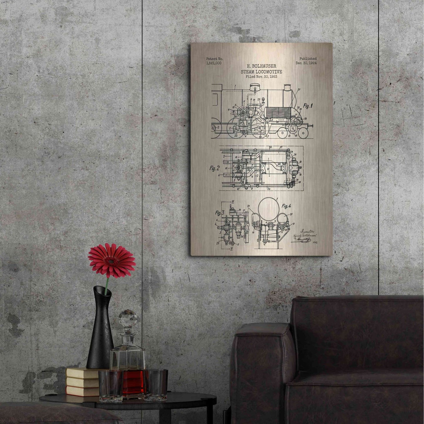 Luxe Metal Art 'Steam Locomotive Blueprint Parchment Patent' Metal Wall Art,24x36