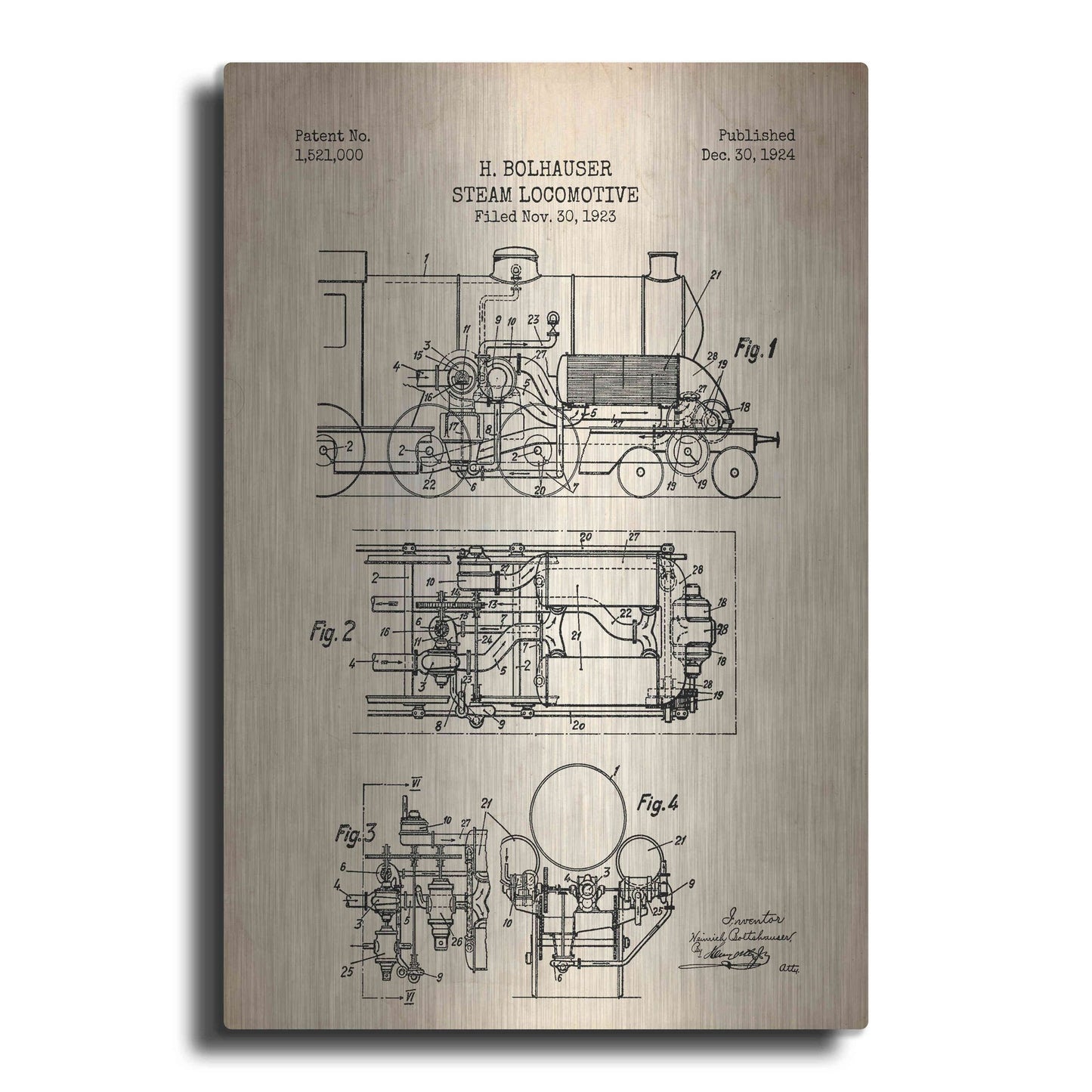 Luxe Metal Art 'Steam Locomotive Blueprint Parchment Patent' Metal Wall Art