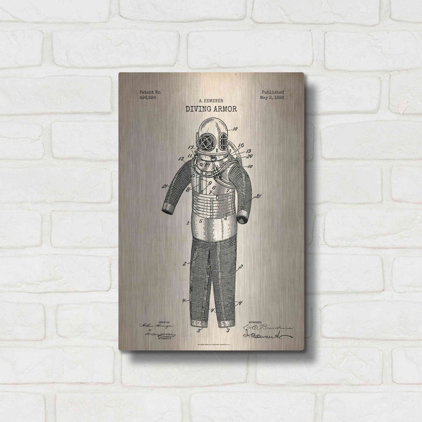 Luxe Metal Art 'Diving Armor Blueprint Parchment Patent' Metal Wall Art,12x16