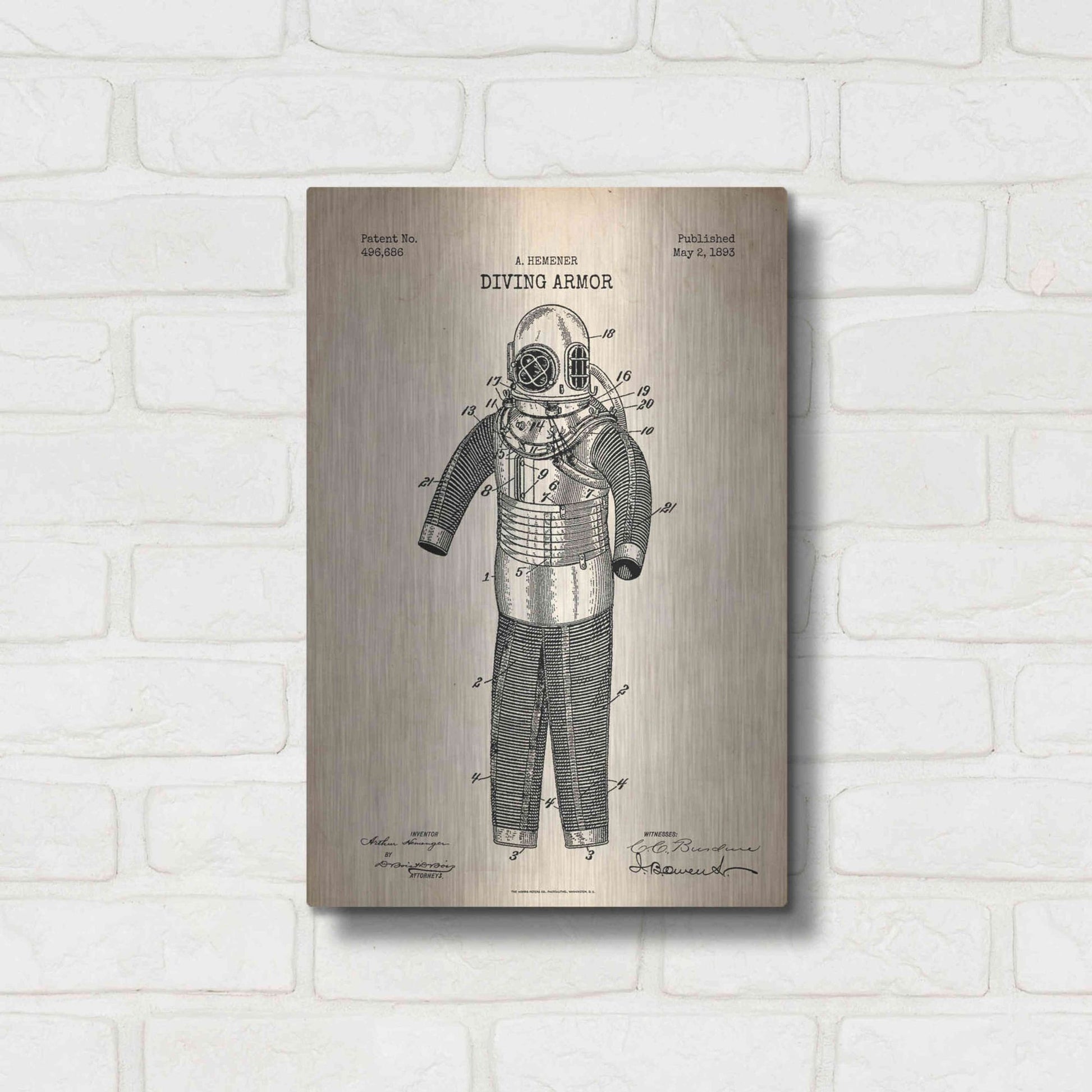 Luxe Metal Art 'Diving Armor Blueprint Parchment Patent' Metal Wall Art,12x16