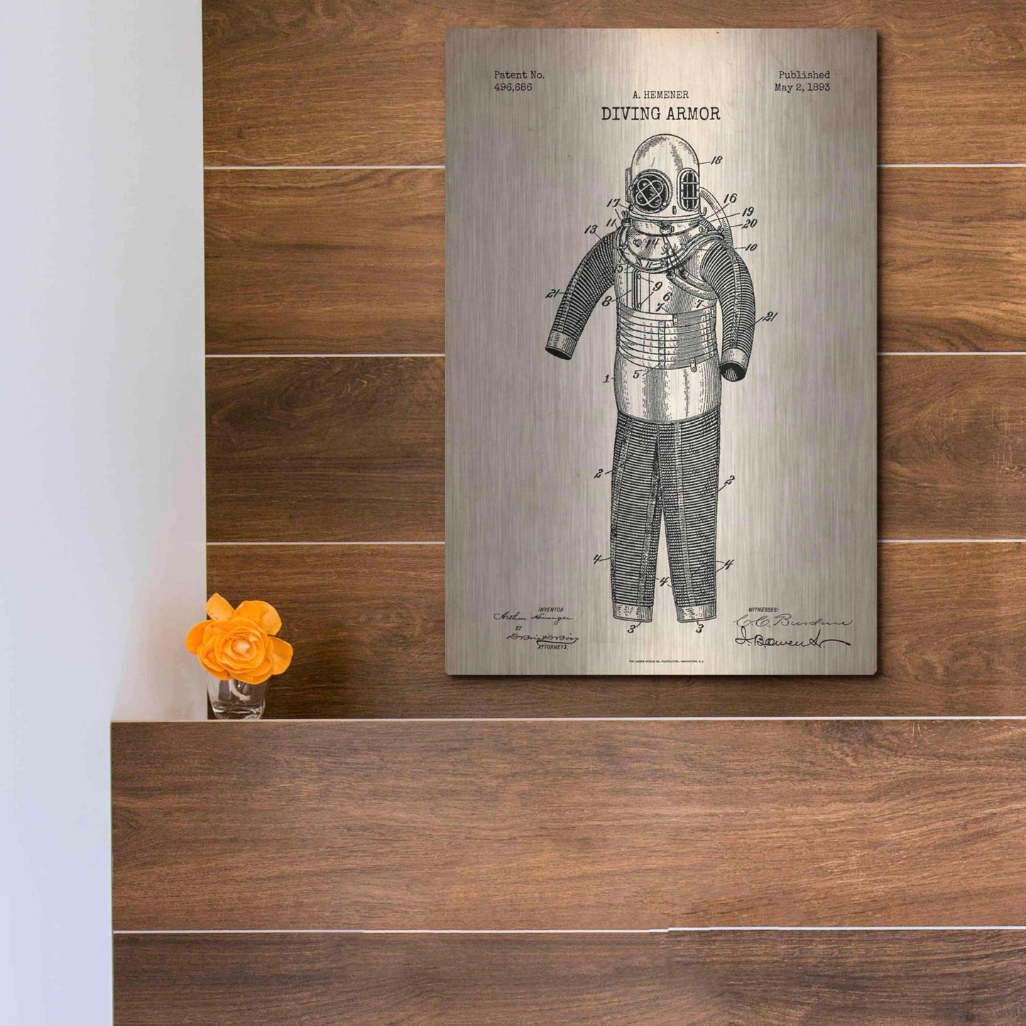 Luxe Metal Art 'Diving Armor Blueprint Parchment Patent' Metal Wall Art,12x16