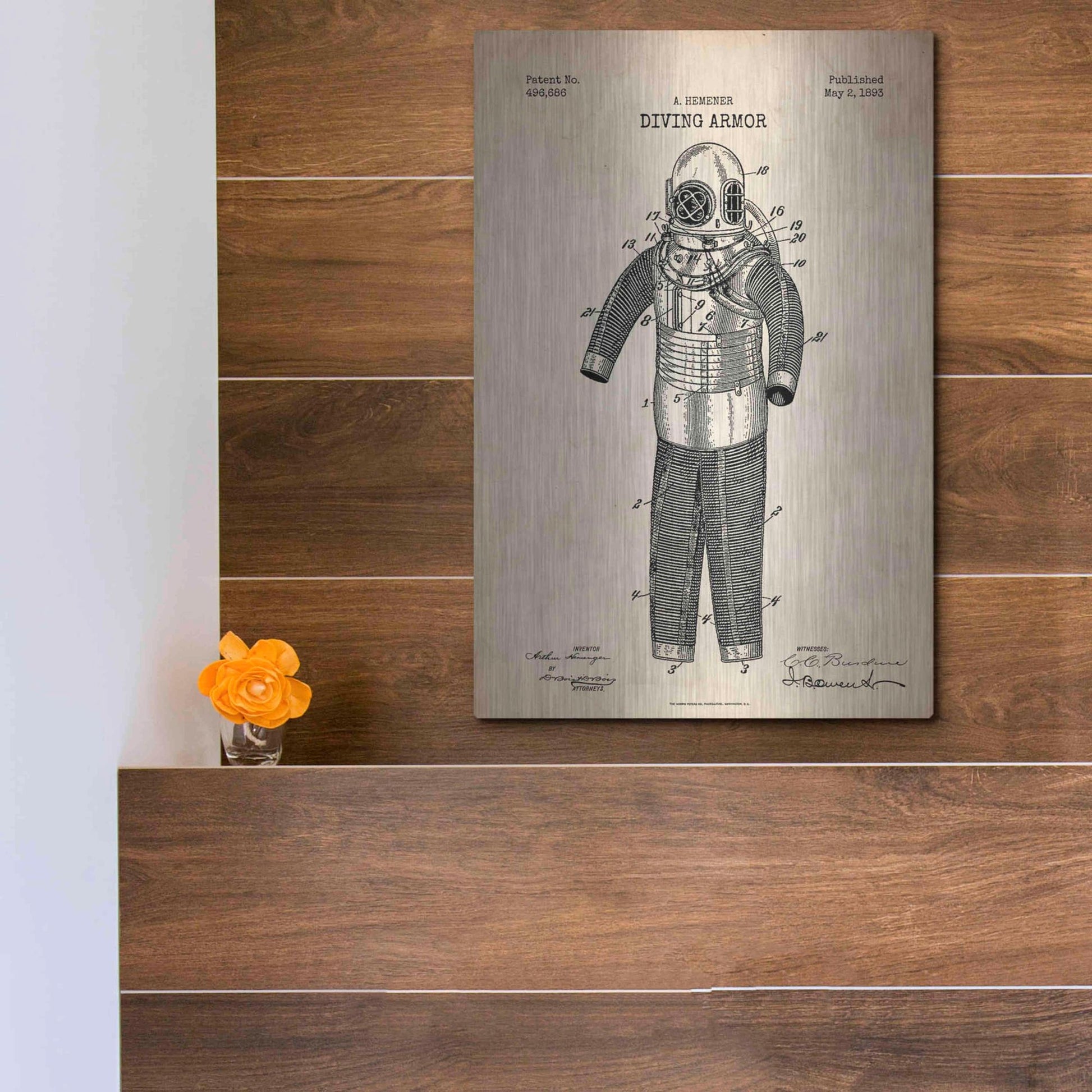 Luxe Metal Art 'Diving Armor Blueprint Parchment Patent' Metal Wall Art,12x16