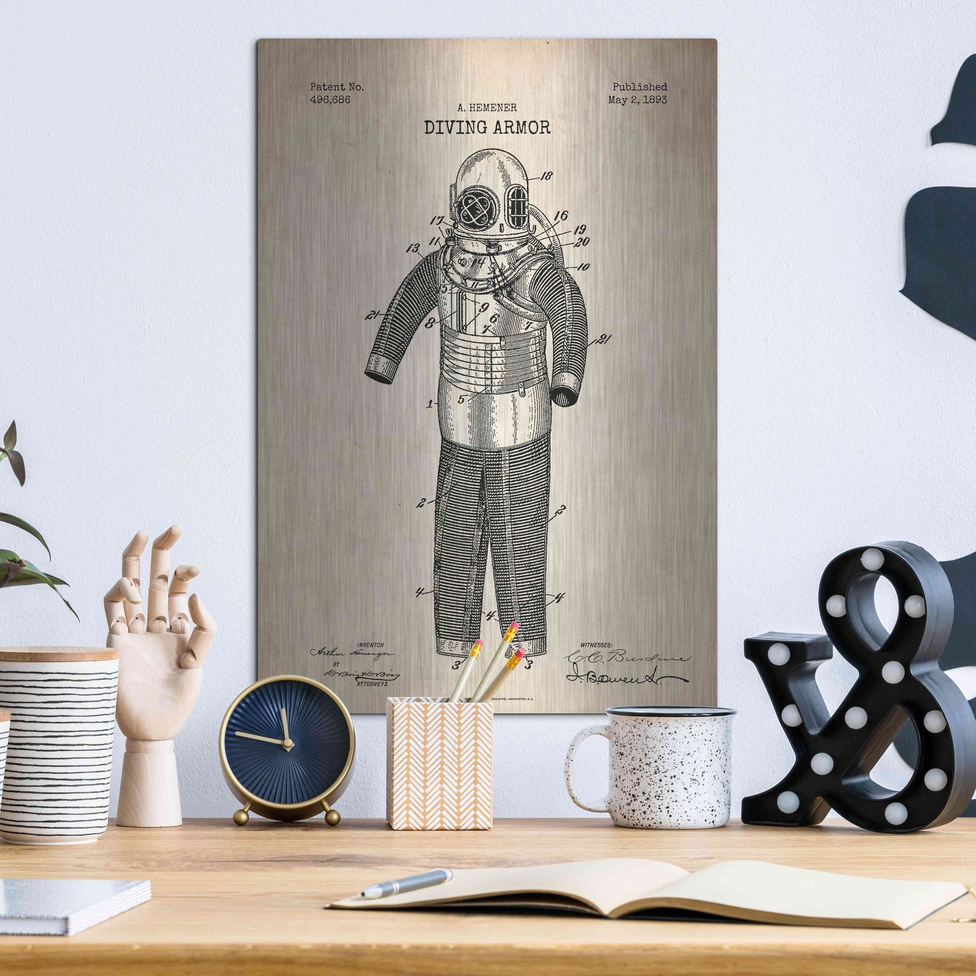 Luxe Metal Art 'Diving Armor Blueprint Parchment Patent' Metal Wall Art,12x16