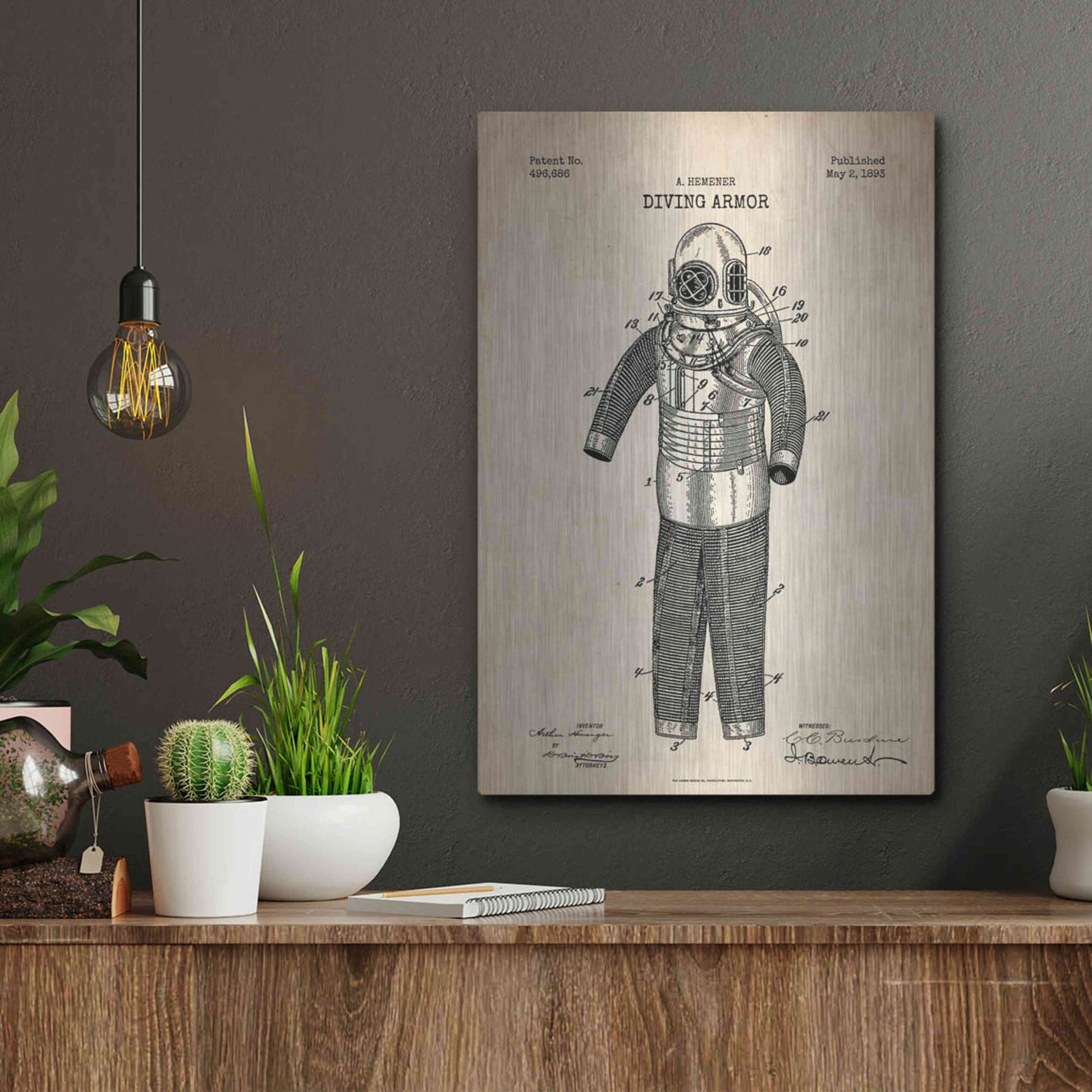 Luxe Metal Art 'Diving Armor Blueprint Parchment Patent' Metal Wall Art,12x16