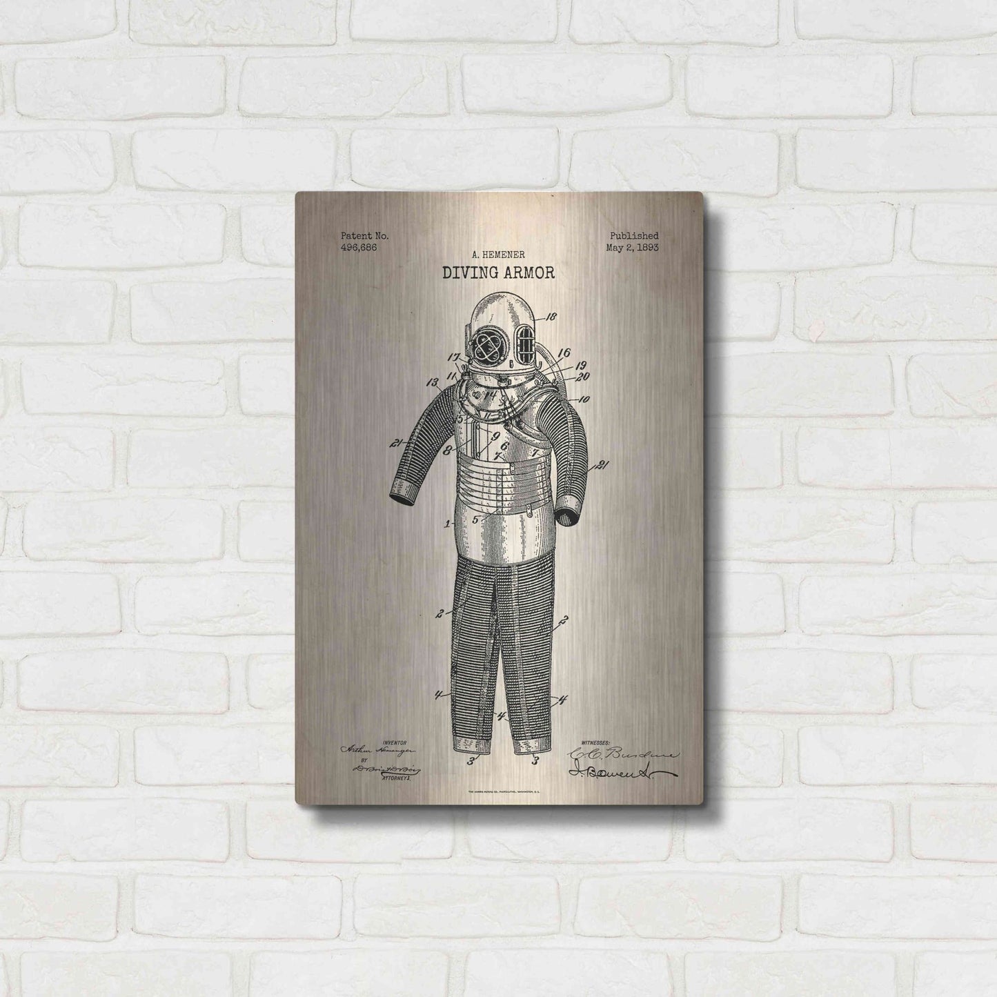 Luxe Metal Art 'Diving Armor Blueprint Parchment Patent' Metal Wall Art,16x24