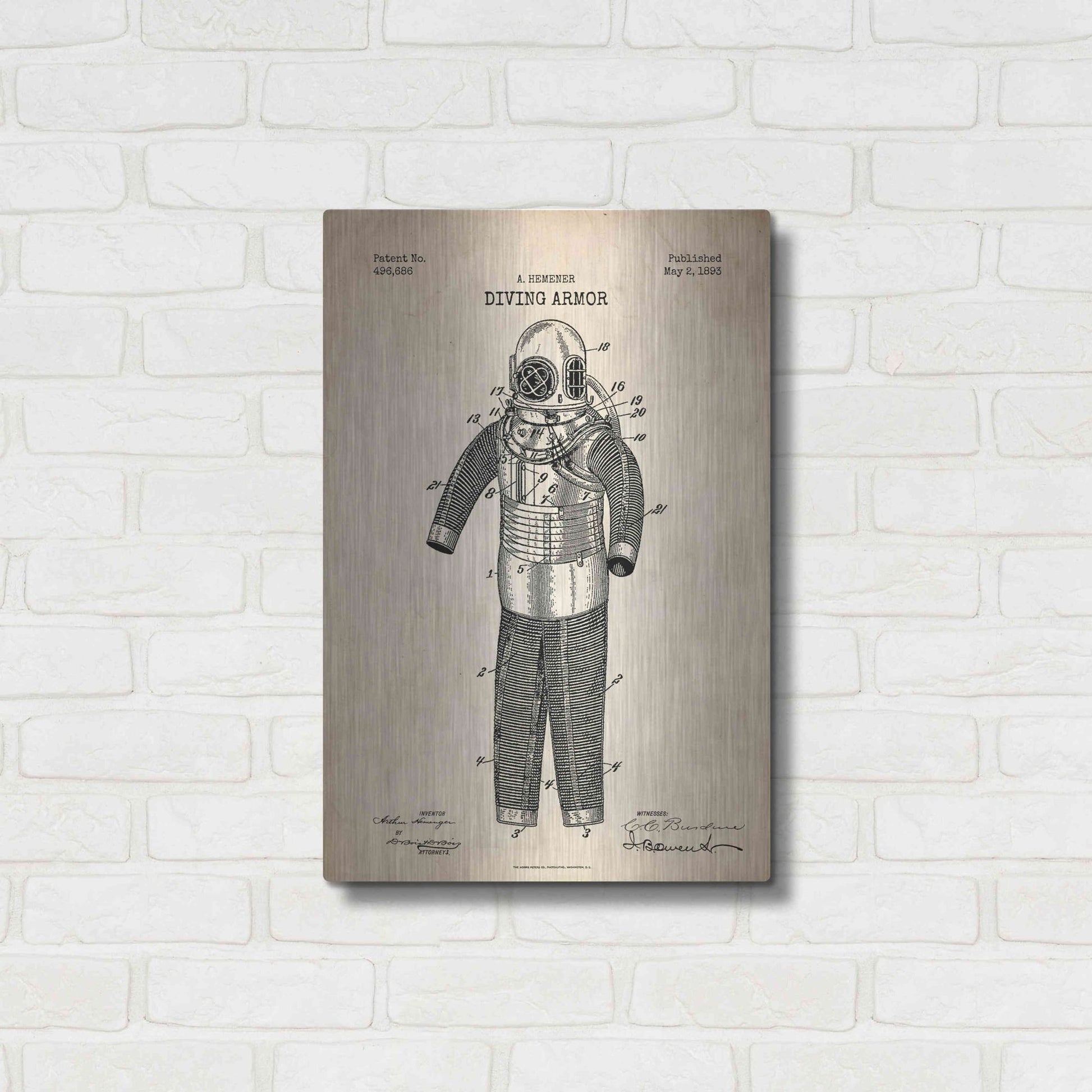 Luxe Metal Art 'Diving Armor Blueprint Parchment Patent' Metal Wall Art,16x24