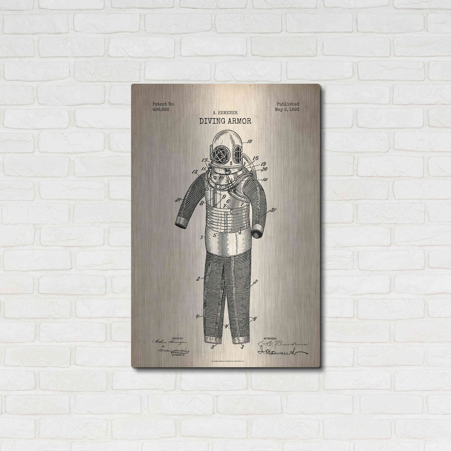 Luxe Metal Art 'Diving Armor Blueprint Parchment Patent' Metal Wall Art,24x36