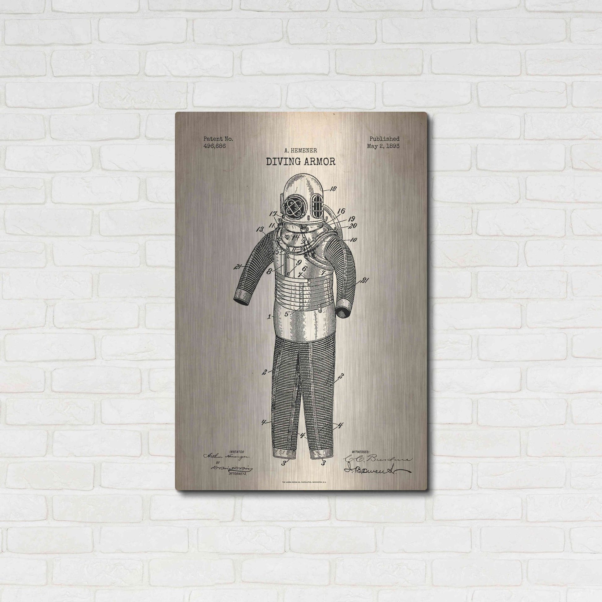 Luxe Metal Art 'Diving Armor Blueprint Parchment Patent' Metal Wall Art,24x36