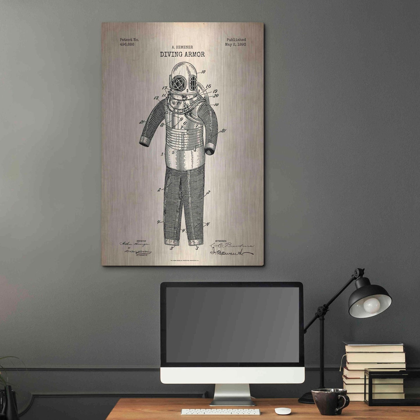 Luxe Metal Art 'Diving Armor Blueprint Parchment Patent' Metal Wall Art,24x36