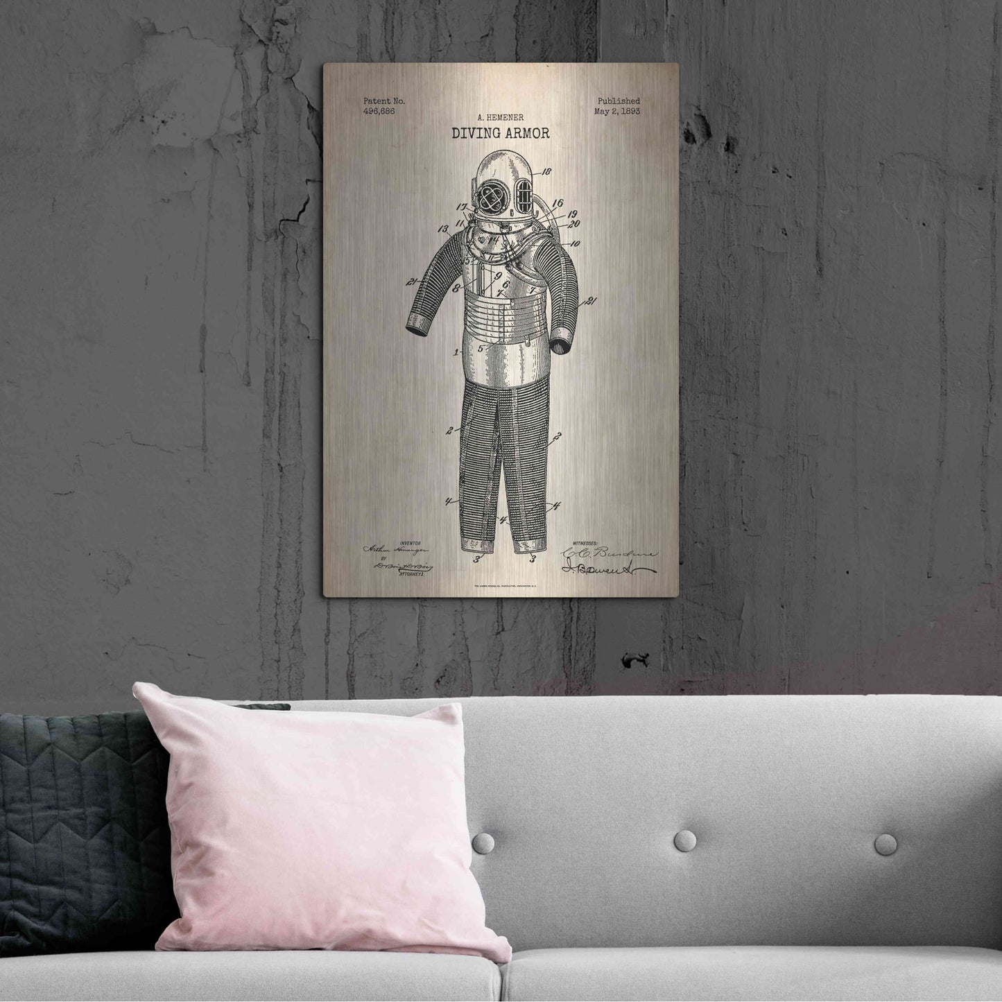 Luxe Metal Art 'Diving Armor Blueprint Parchment Patent' Metal Wall Art,24x36