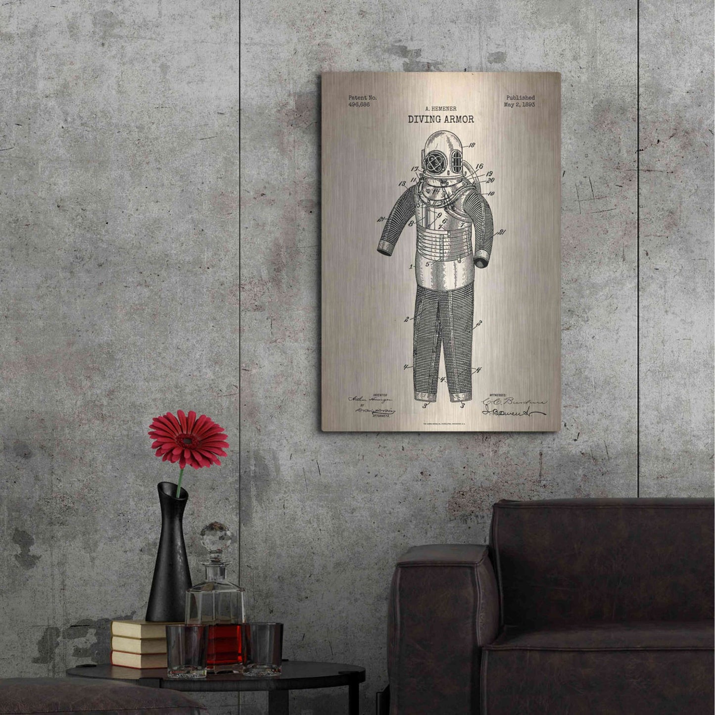 Luxe Metal Art 'Diving Armor Blueprint Parchment Patent' Metal Wall Art,24x36