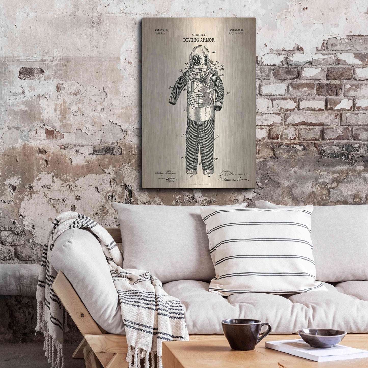 Luxe Metal Art 'Diving Armor Blueprint Parchment Patent' Metal Wall Art,24x36