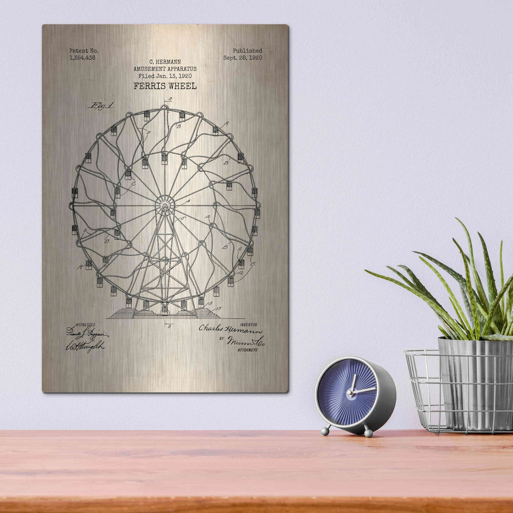 Luxe Metal Art 'Ferris Wheel, 1920 Blueprint Parchment Patent' Metal Wall Art,12x16