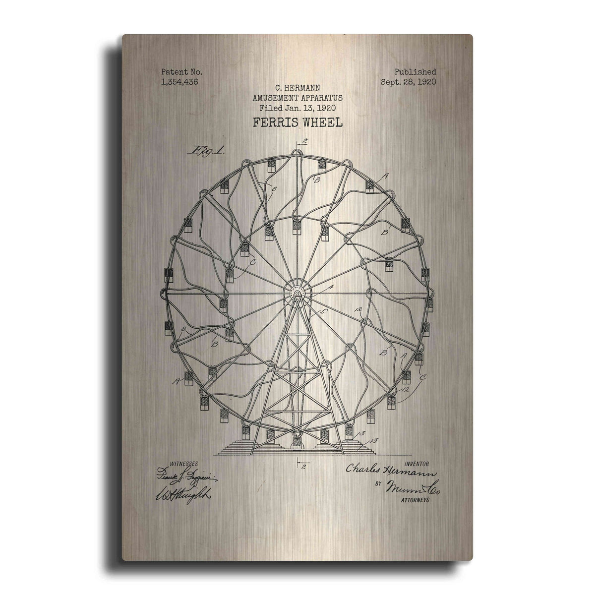 Luxe Metal Art 'Ferris Wheel, 1920 Blueprint Parchment Patent' Metal Wall Art