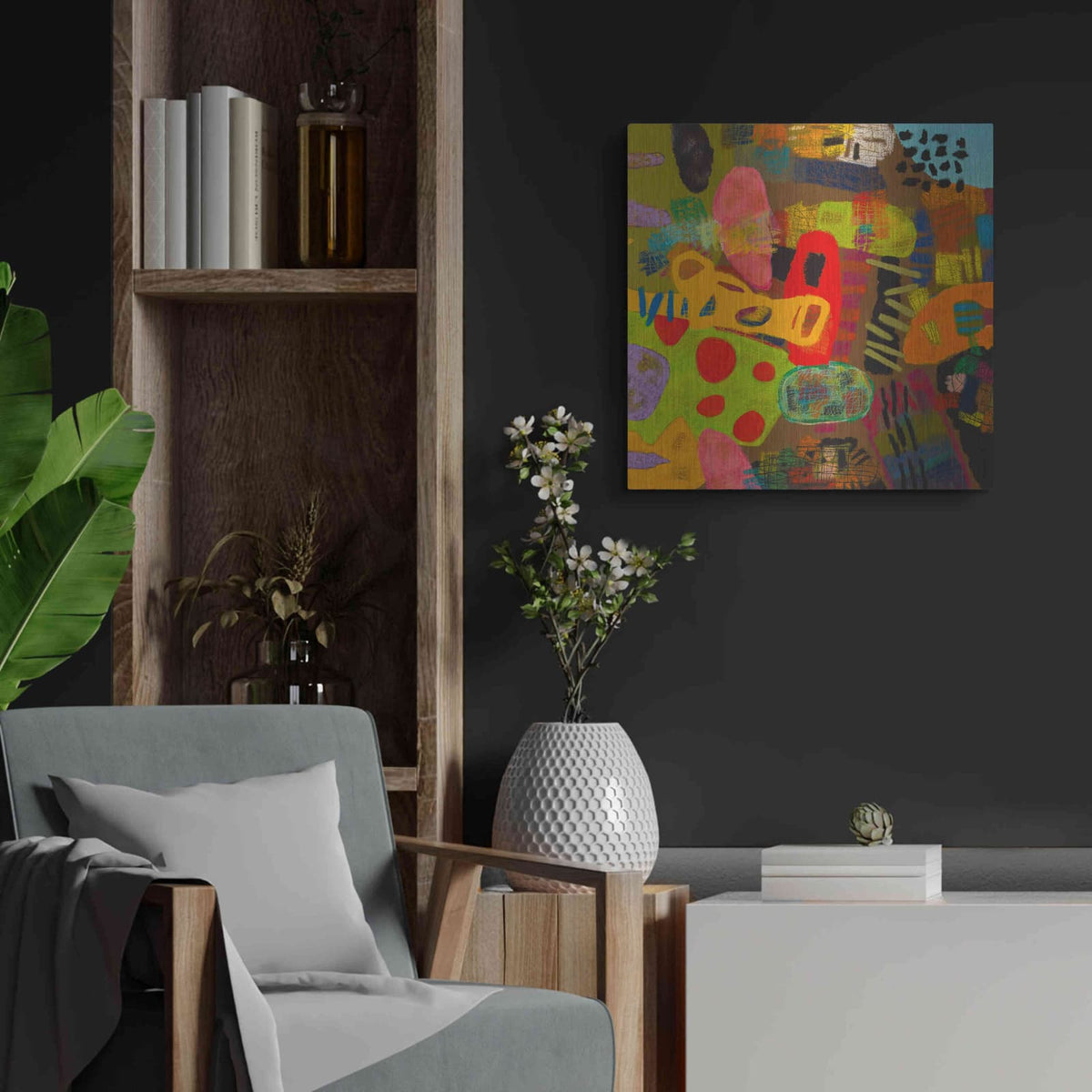'Conversations in the Abstract 19' by Downs – Metal Wall Art, 24x24 room view