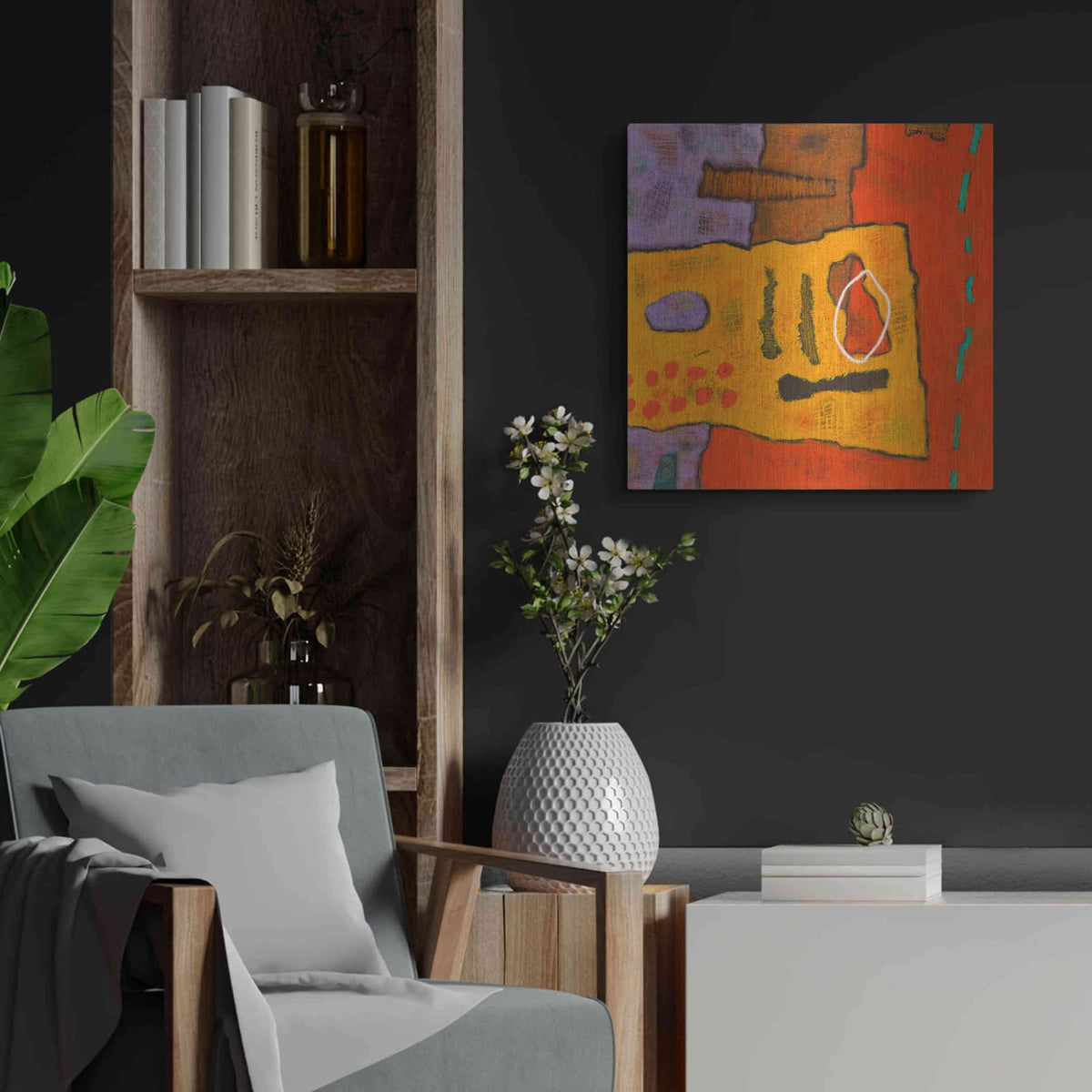 'Conversations in the Abstract 21' by Downs – Metal Wall Art, 24x24 room view