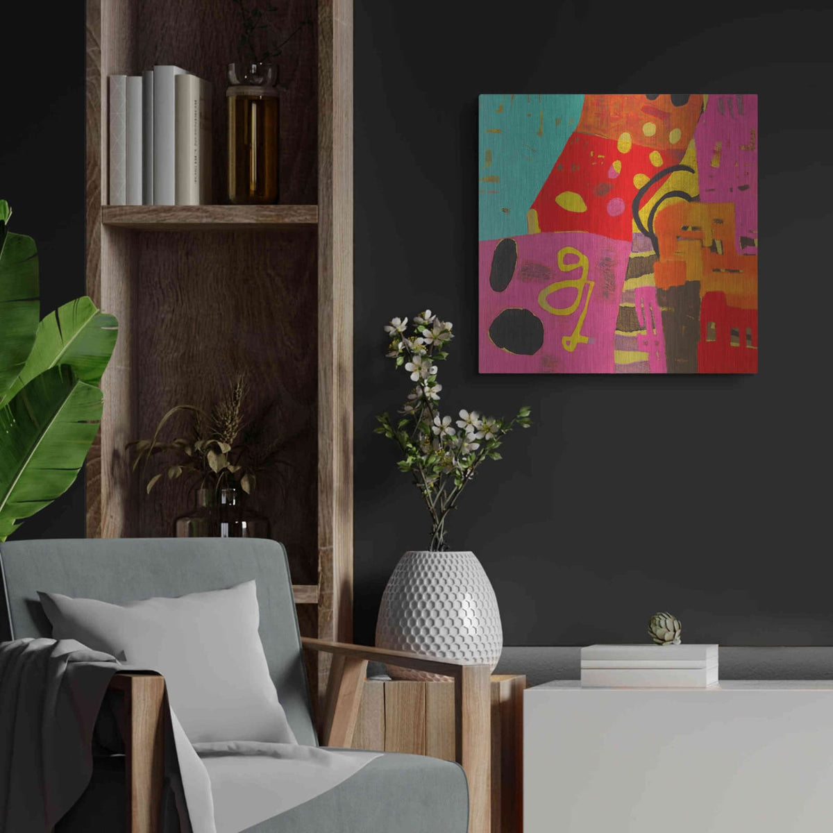 'Conversations in the Abstract 23' by Downs – Metal Wall Art, 24x24 room view