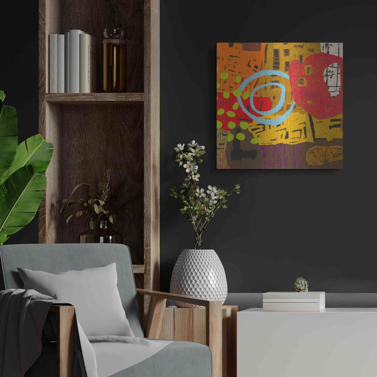'Conversations in the Abstract 28' by Downs – Metal Wall Art, 24x24 room view