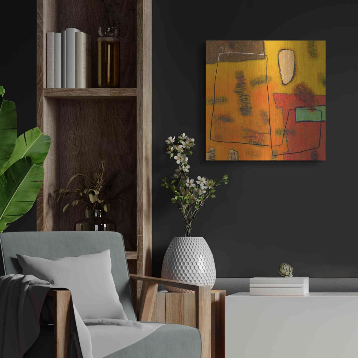 'Conversations in the Abstract 31' by Downs – Metal Wall Art, 24x24 room view