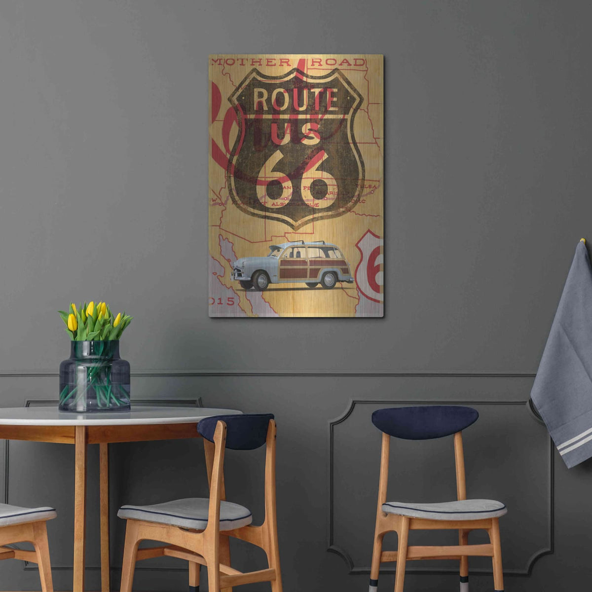 'Route 66 Vintage Postcard' by Edward M. Fielding – Metal Wall Art, 24x36 room view
