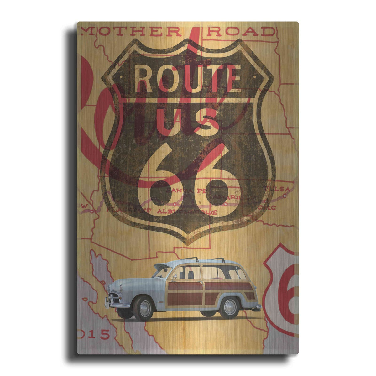 'Route 66 Vintage Postcard' by Edward M. Fielding – Metal Wall Art