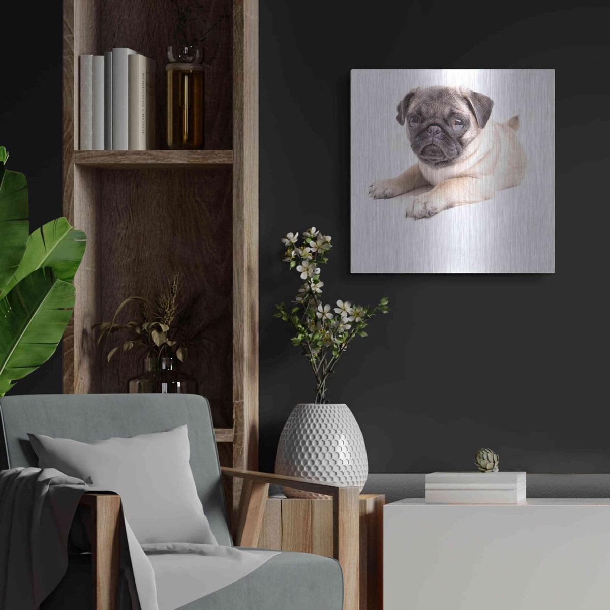 'Cute Pug Puppy' by Edward M. Fielding – Metal Wall Art, 24x24 room view