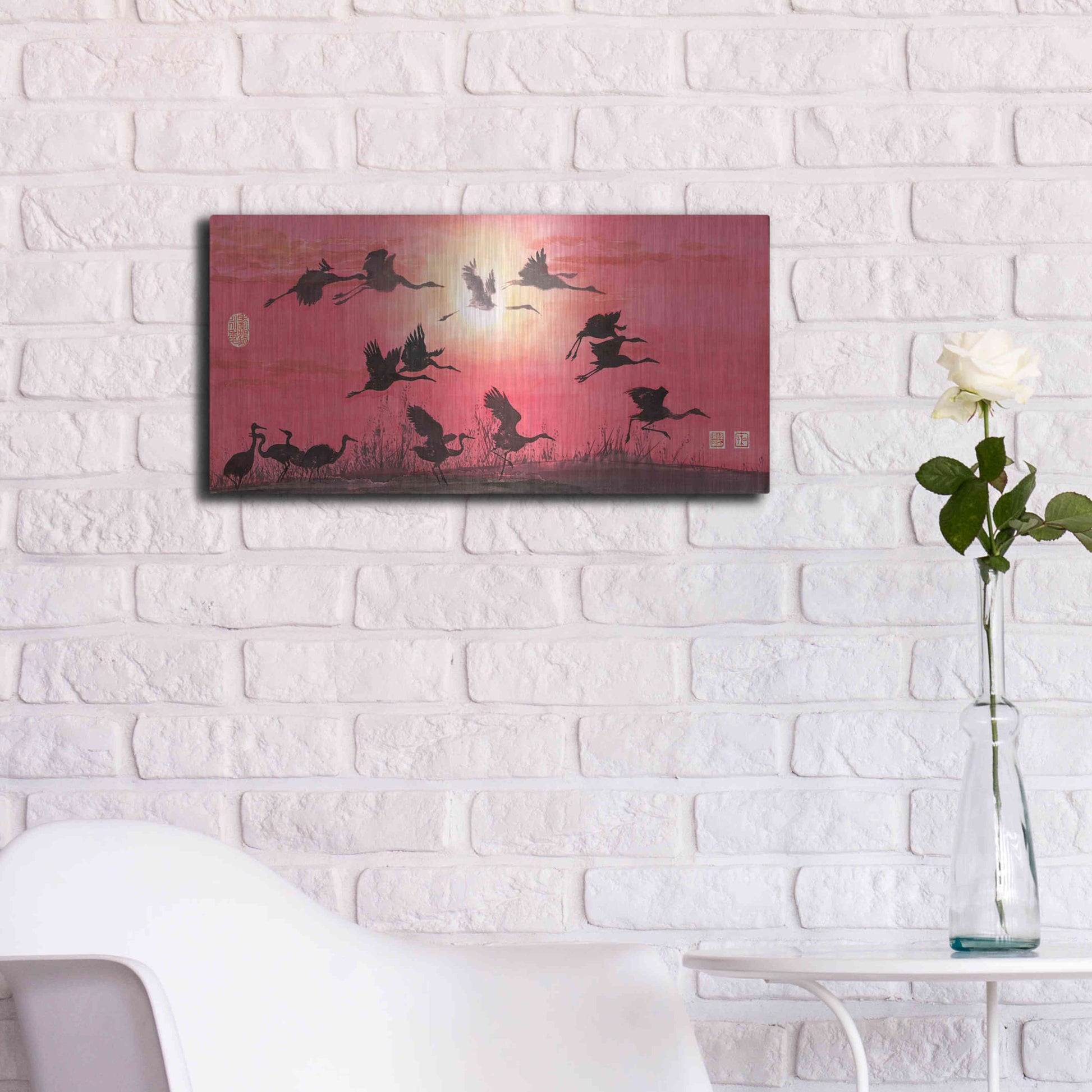 Luxe Metal Art 'Siege of Cranes' by River Han, Metal Wall Art,24x12