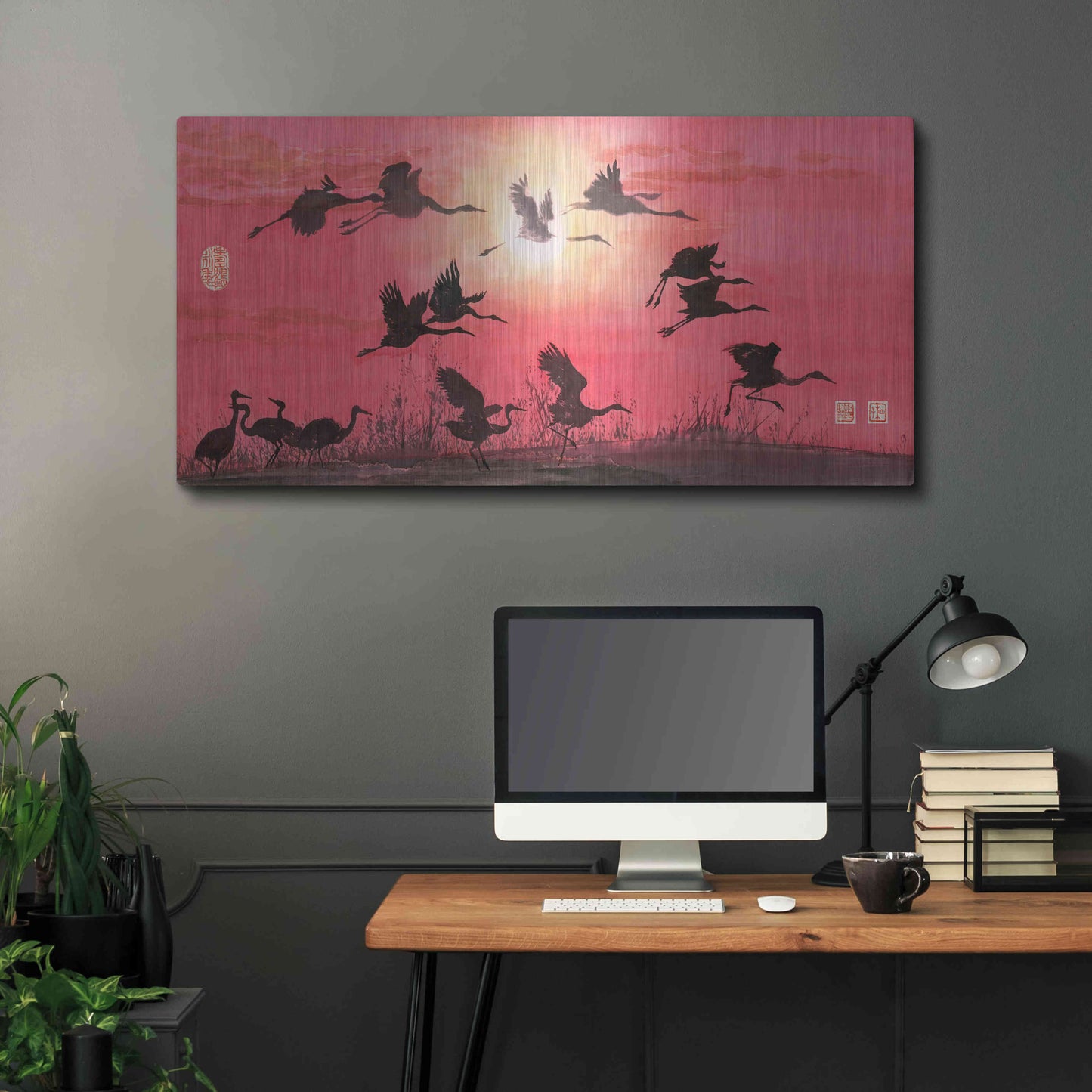 Luxe Metal Art 'Siege of Cranes' by River Han, Metal Wall Art,48x24