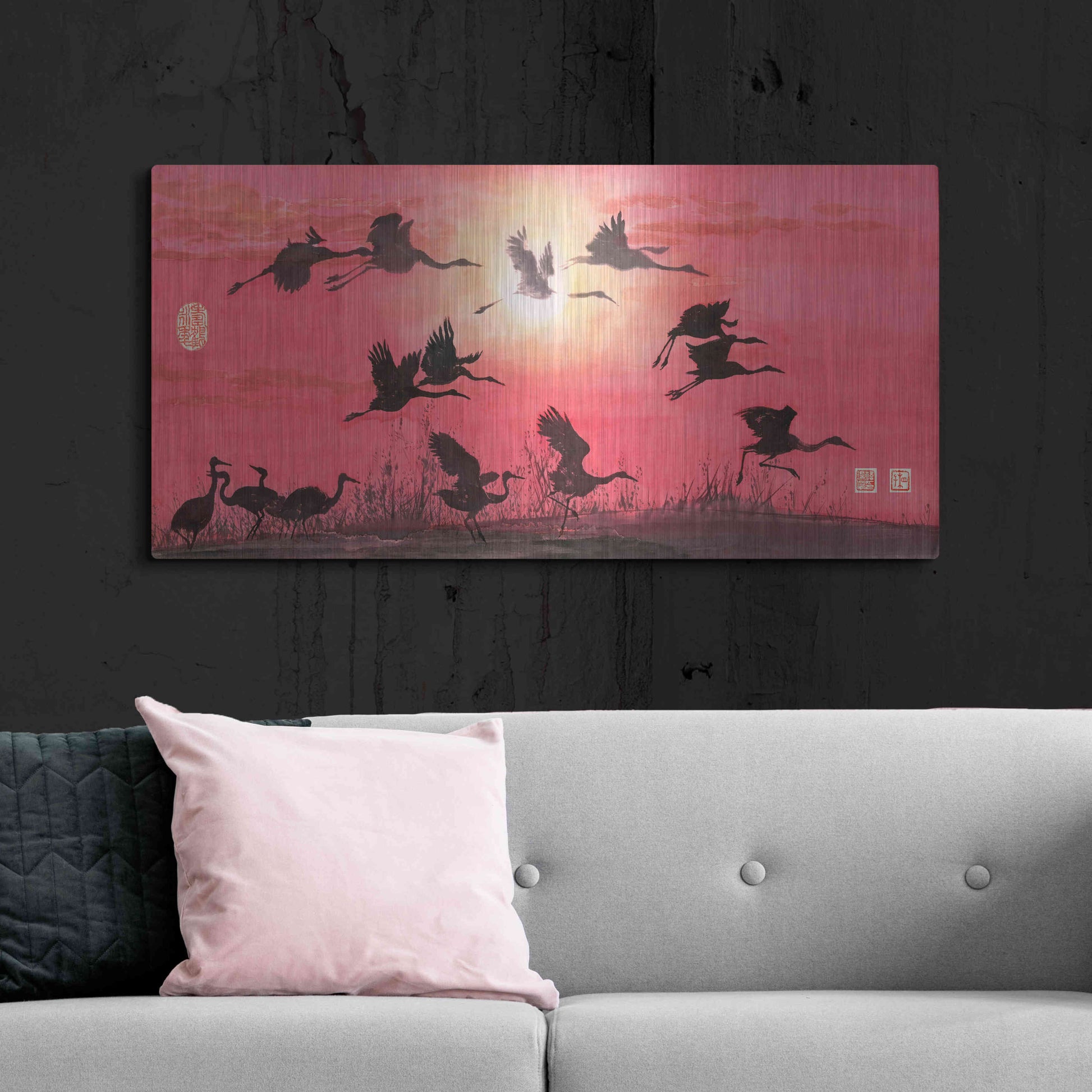 Luxe Metal Art 'Siege of Cranes' by River Han, Metal Wall Art,48x24