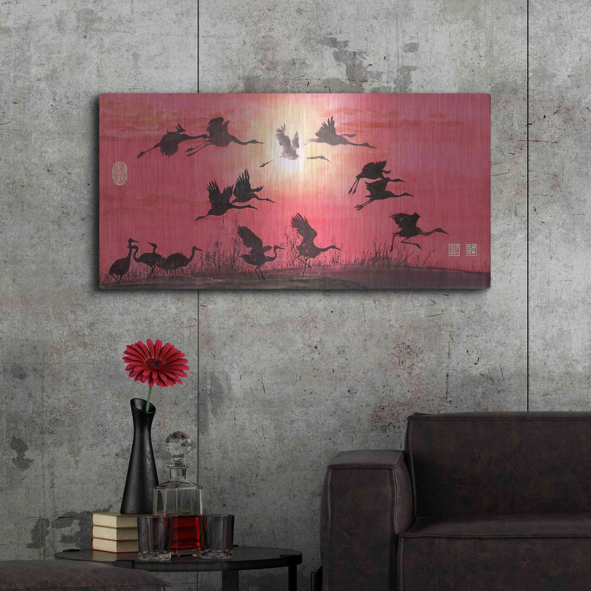 Luxe Metal Art 'Siege of Cranes' by River Han, Metal Wall Art,48x24